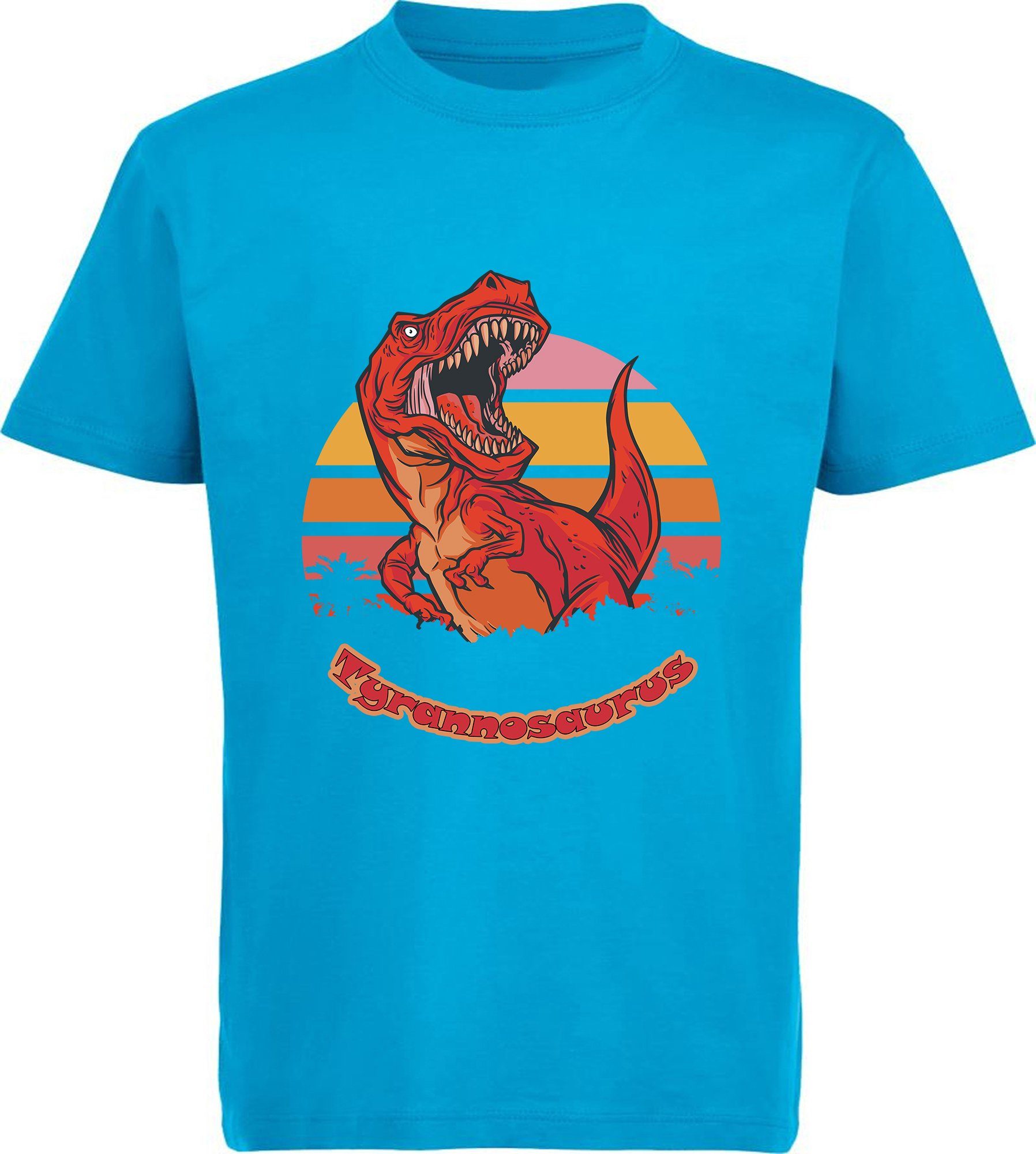 MyDesign24 Print-Shirt bedrucktes Kinder T-Shirt mit roten brüllendem T-Rex Baumwollshirt mit Dino, schwarz, weiß, rot, blau, i100 aqua blau