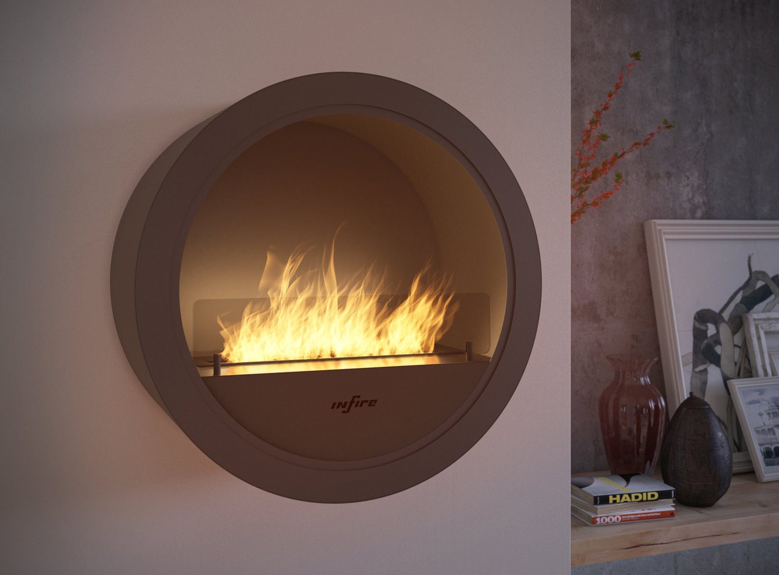 Infire Echtfeuer-Dekokamin Incyrcle Wall Ethanolkamin, bis zu 2 KW Heizleistung, TÜV zertifiziert