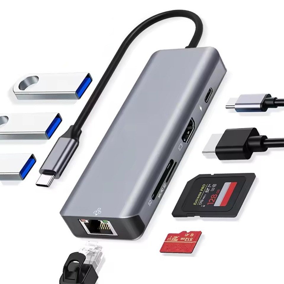 8-in-1 Type-C zu 4K HDMI Hub Adapter, 3x USB3.0, 1xRJ45 Computer-Adapter