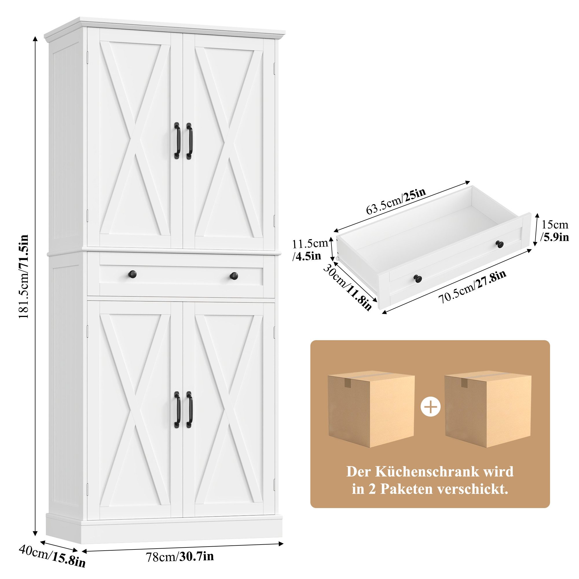 Homfa Küchenbuffet Küchenschrank mit 2 Schubladen Buffetschrank Vorratsschrank Mehrzweckschrank 181,5x40x76cm – Bild 3 von 5