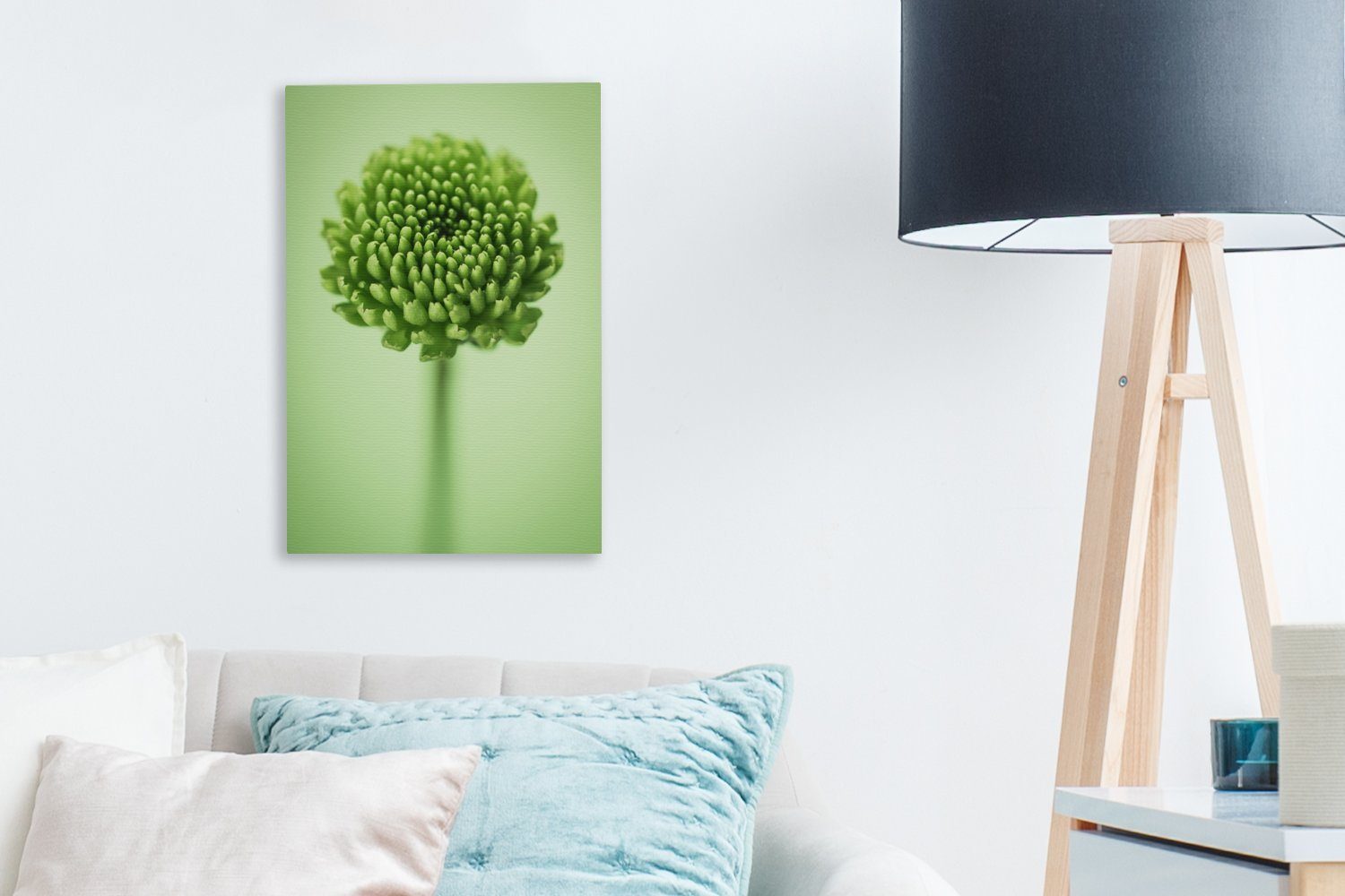 OneMillionCanvasses® Leinwandbild Grüne bespannt inkl. St), Hintergrund, 20x30 cm Leinwandbild mit fertig Zackenaufhänger, Gemälde, unscharfem (1 botanische Chrysanthemenblüte