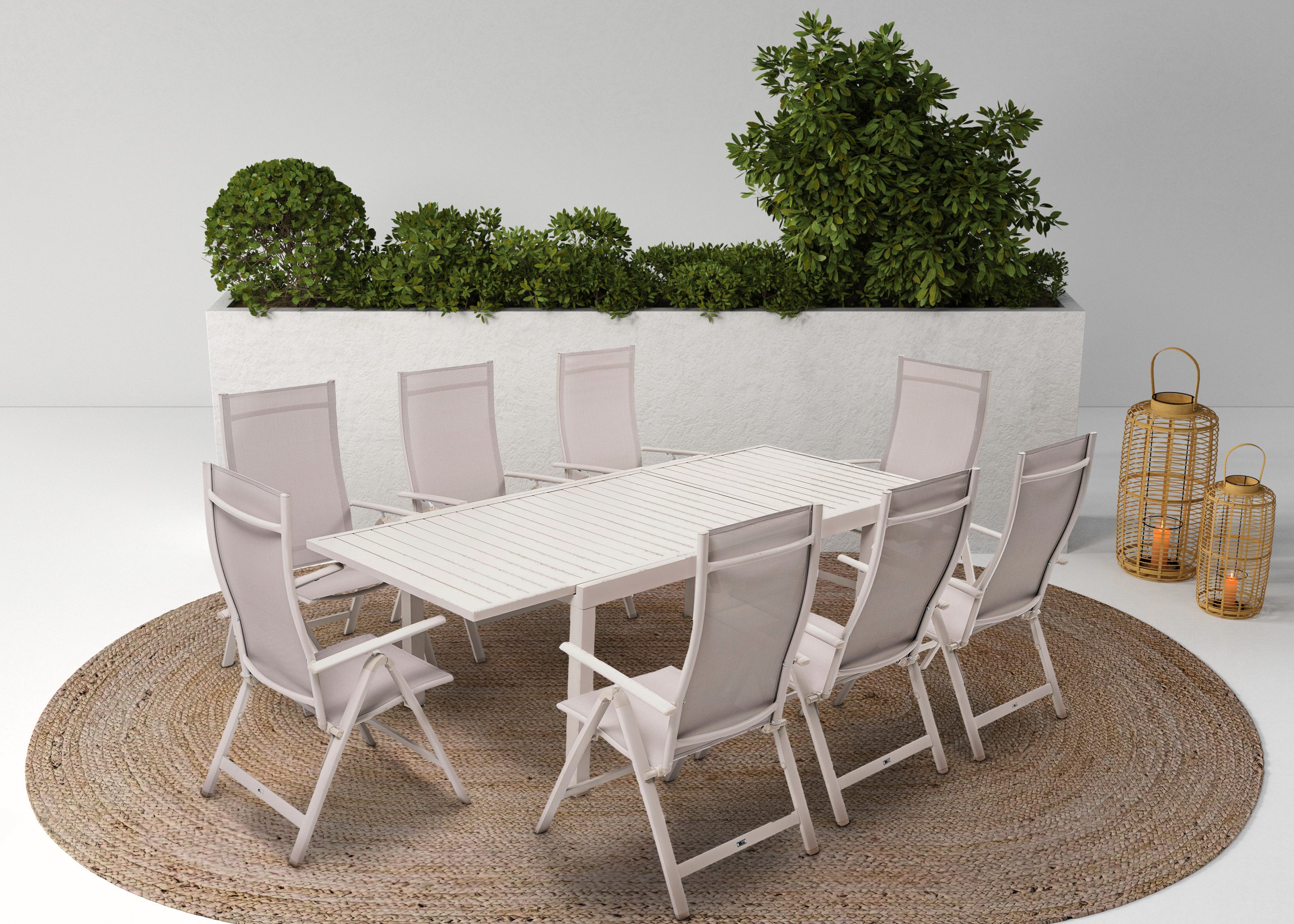 KONIFERA Garten-Essgruppe Palermo, (Set, 9-tlg., 8x Sessel, 1x AZ-Tisch 160-240x100 cm, Aluminium, Textilgewebe), klappbar, 7-fach verstellbare Rückenlehne, Tischplatte aus Alulatten