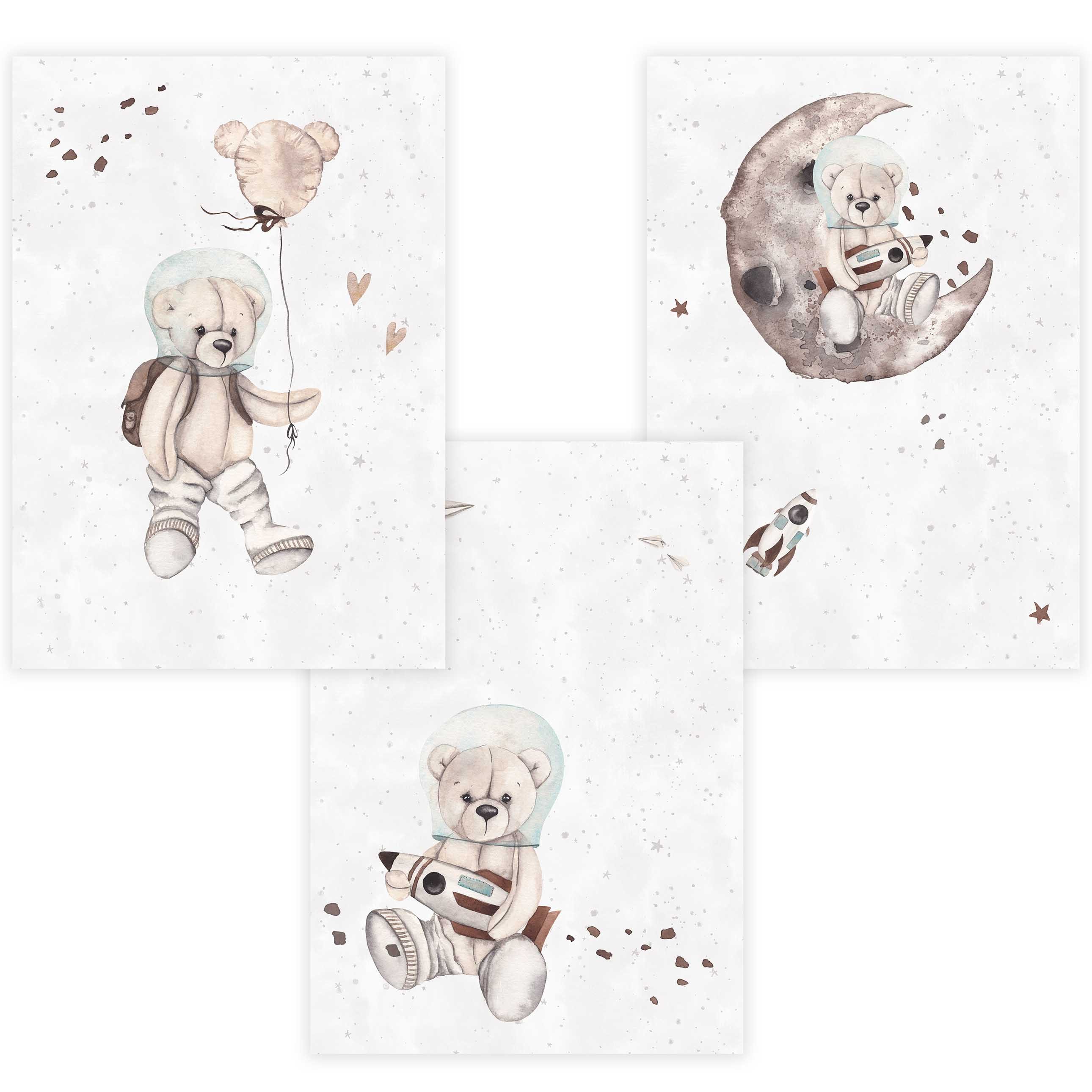 Poster Kinderzimmer Wandposter 3er Set Premium P788 / Teddybär Astronaut