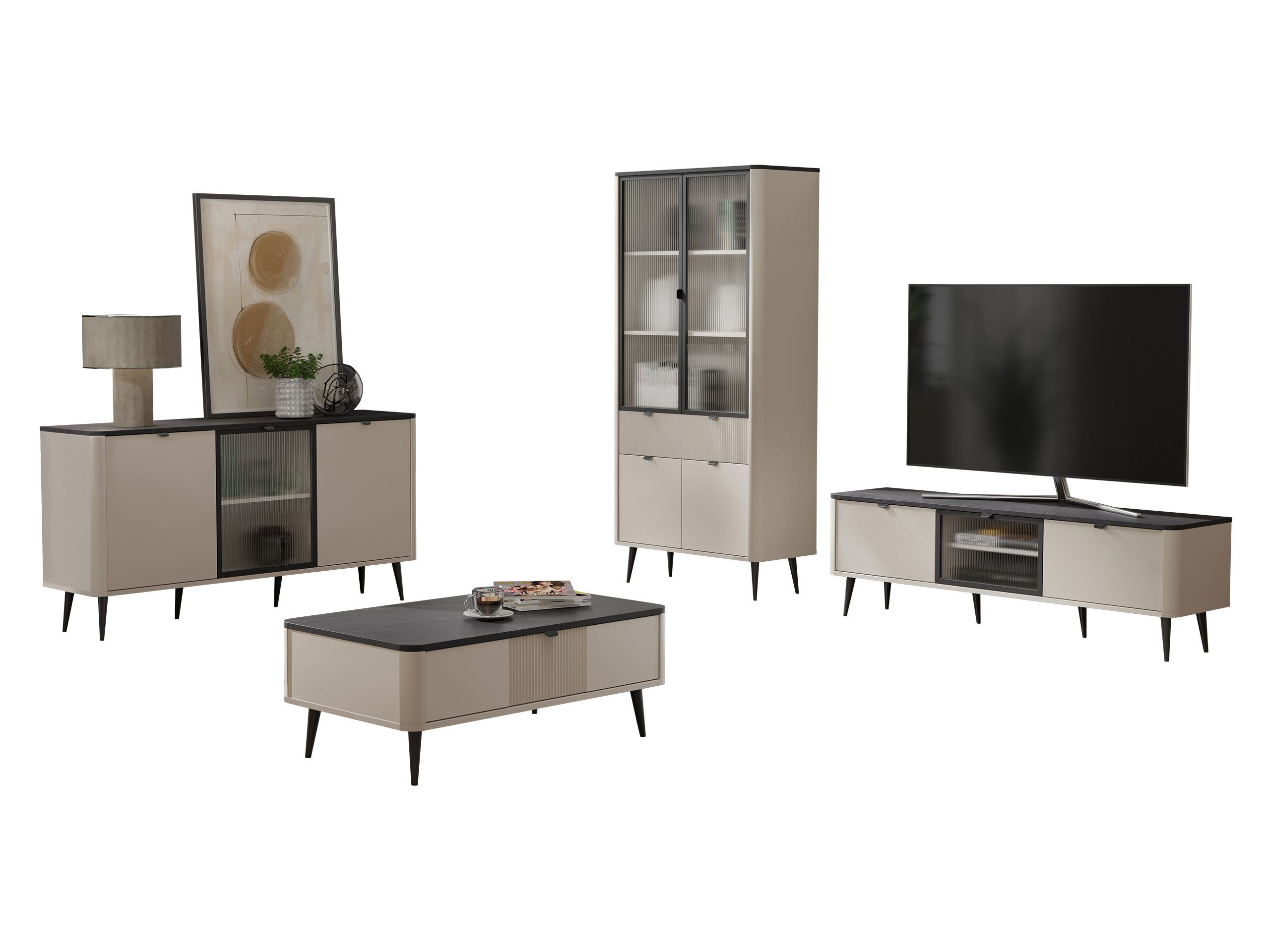 MIRJAN24 Wohnzimmer-Set Marly I, (4er-Set, Vitrine, TV-Lowboard, Kommode, Couchtisch), gedämpftem Schließsystem
