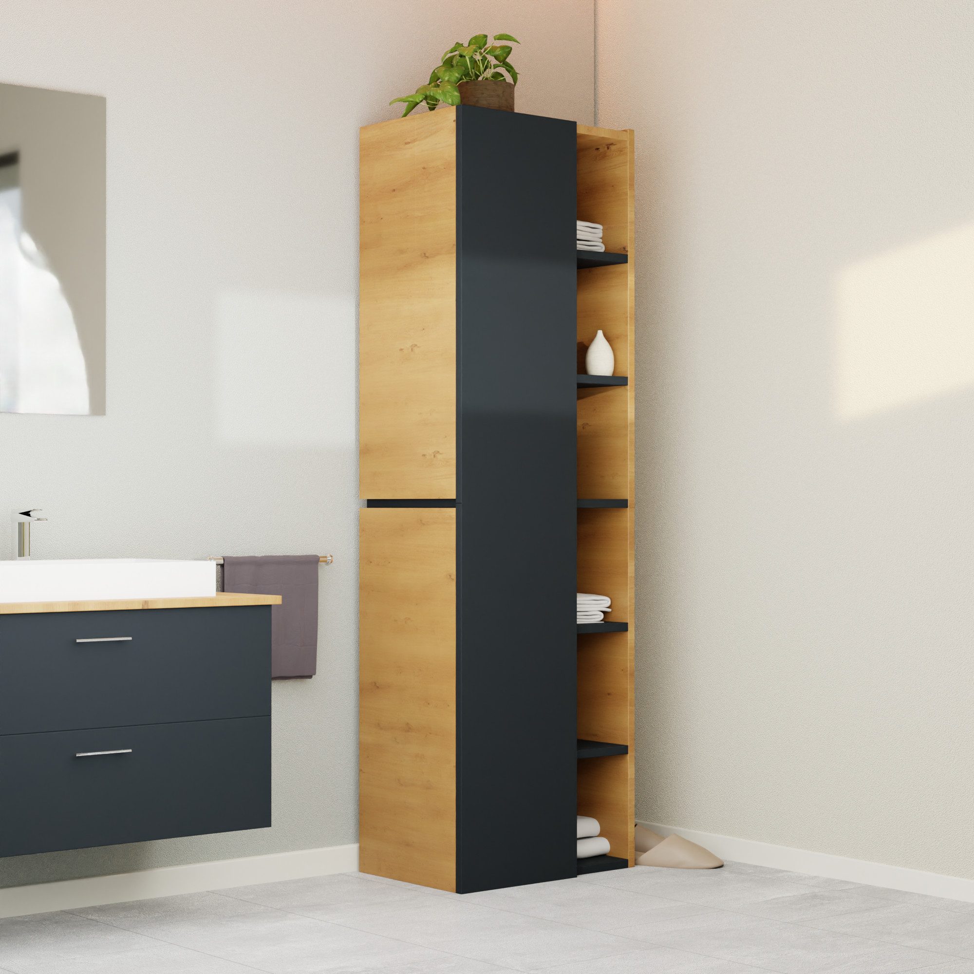 GARLIVO Badezimmer-Set Badezimmerschrank GLC1, hängend, stehend, Anthrazit, Hochschrank, Breite 50cm