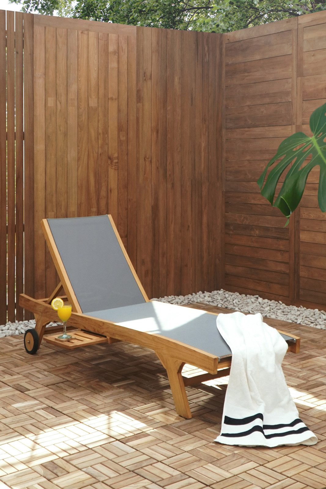 More2Home Gartenliege LABOBO, Teak, Textilgeflecht grau, verstellbar