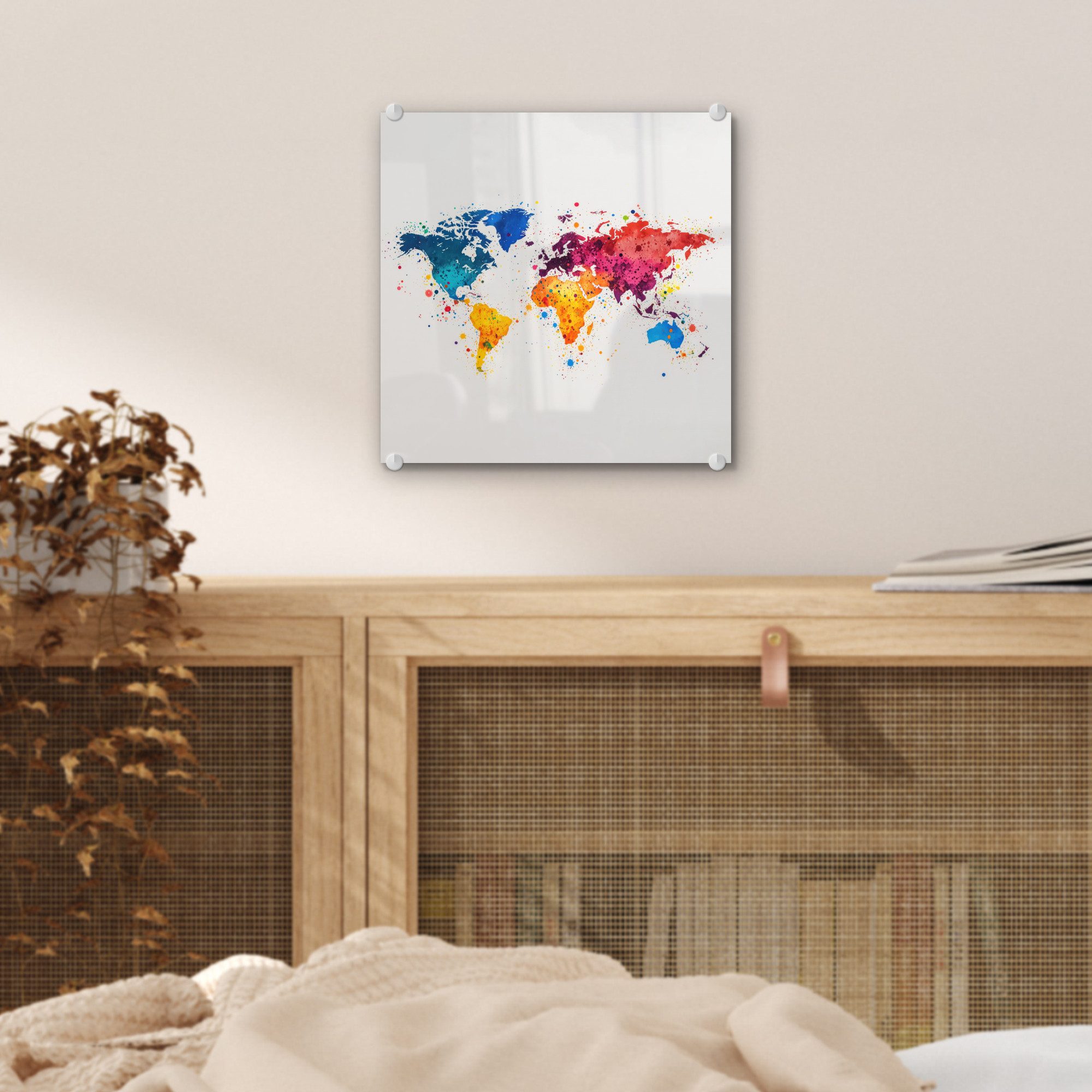 MuchoWow Acrylglasbild Weltkarte - Graffiti - Farbenfroh, Inkl. Aufhängung, Bilder auf Glas Wandbild, Wanddeko Wohnzimmer Badezimmer, 20x20 cm