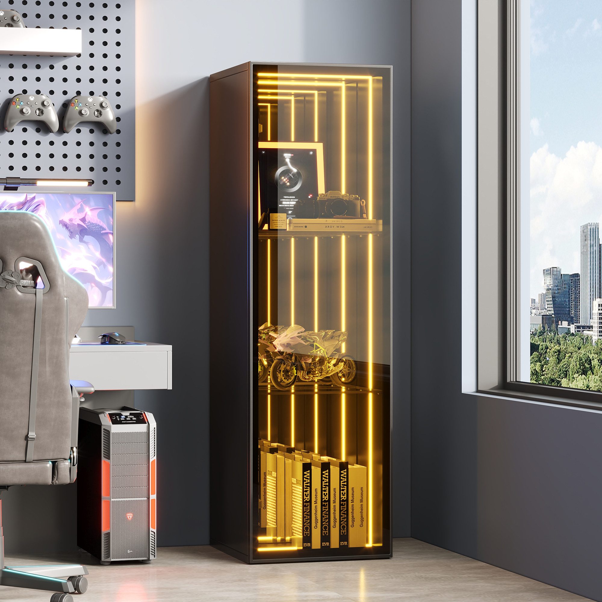 Celya Glasvitrine mit gehärtetes Glas, verstellbare Einlegebödenund LED-Lichtleiste (mit Aluminiumrahmen, 3 Staufächer, Scharniere mit Soft-Close-Funktion) Ideal für Wohnzimmer, Arbeitszimmer, Schlafzimmer