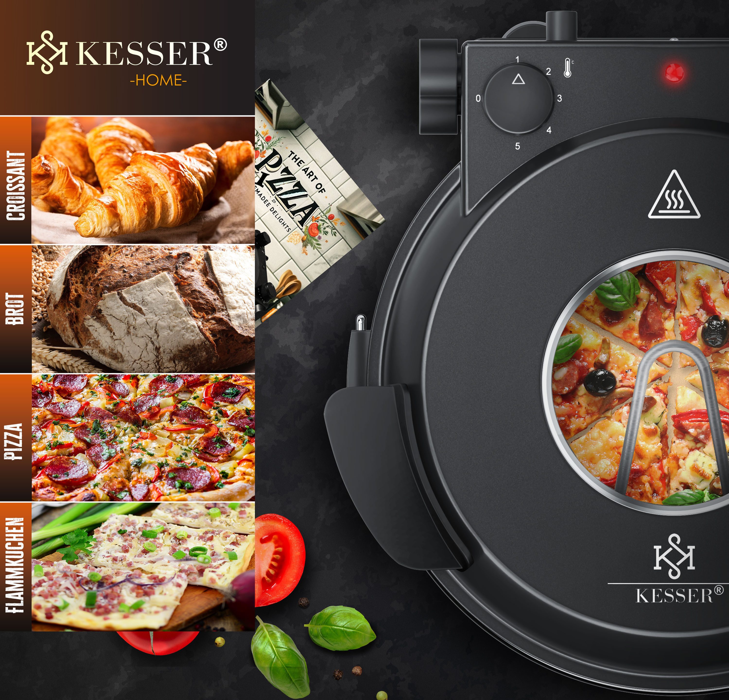 KESSER Pizzaofen 400°C mit feuerfestem Pizzastein ⌀32cm & 5 Heizstufen Steinofen Pizza, 1200W Elektrischer Pizzabäcker mit Timer, Pizzaschneider & Rezeptbuch – Bild 5 von 5