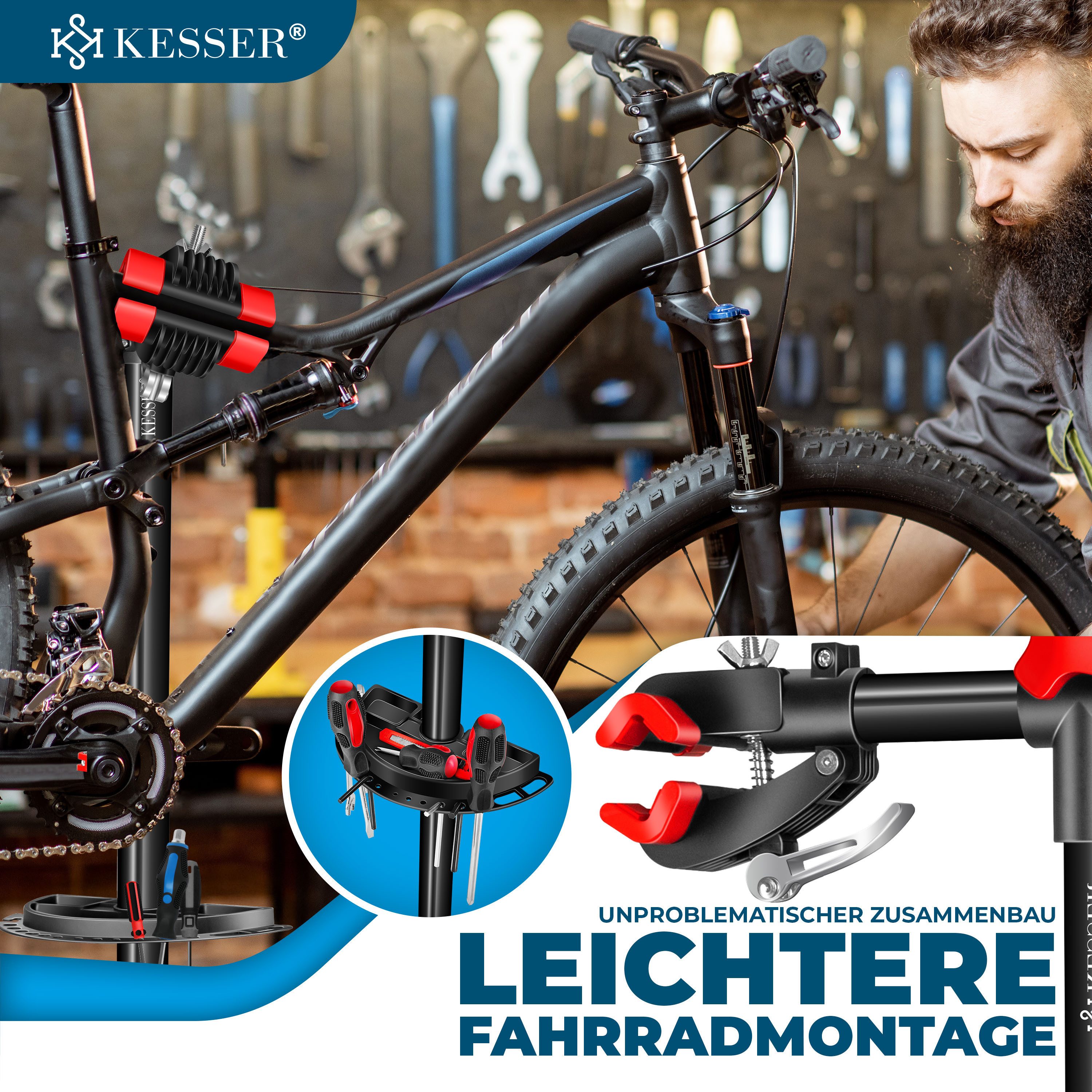 KESSER Fahrrad-Montageständer Profi Reparaturständer Fahrradständer bis 30kg Traglast, Fahrradmontageständer inkl. Tasche, Werkzeugschale & Magnetfach