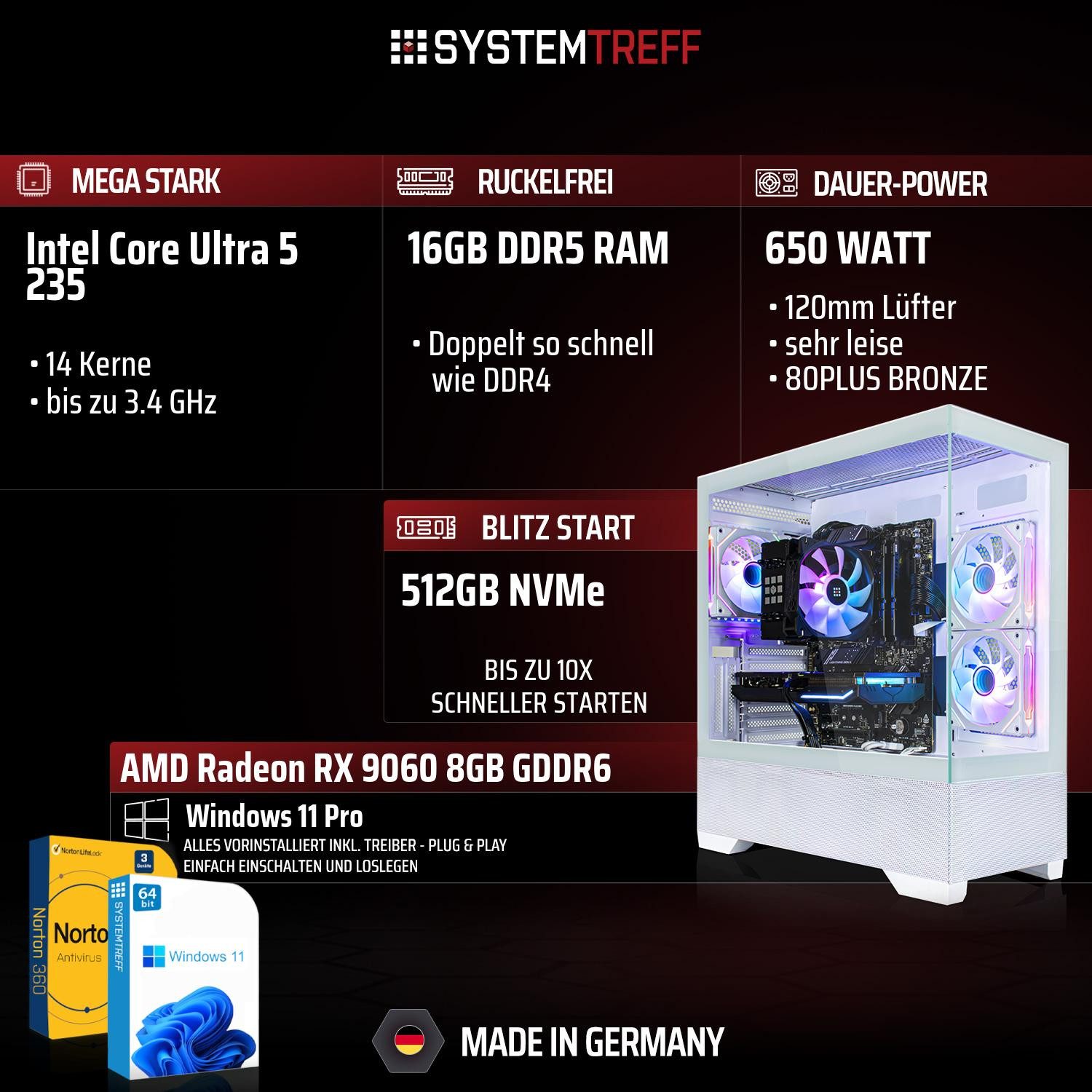 SYSTEMTREFF Intel Core Ultra 5 235 mit AMD Radeon RX 9060 8GB GDDR6 Gaming-PC (Intel 235 235, Radeon RX 9060, 16 GB RAM, 512 GB SSD, Luftkühlung)