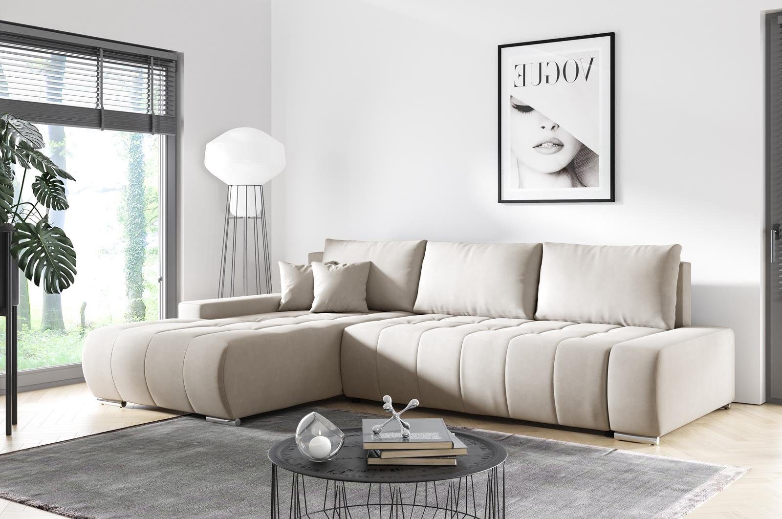 aus Ecksofa Schlaffunktion, mit KLARA Steppung, L-Form Velourstoff mit Compleo Ecksofa Beige