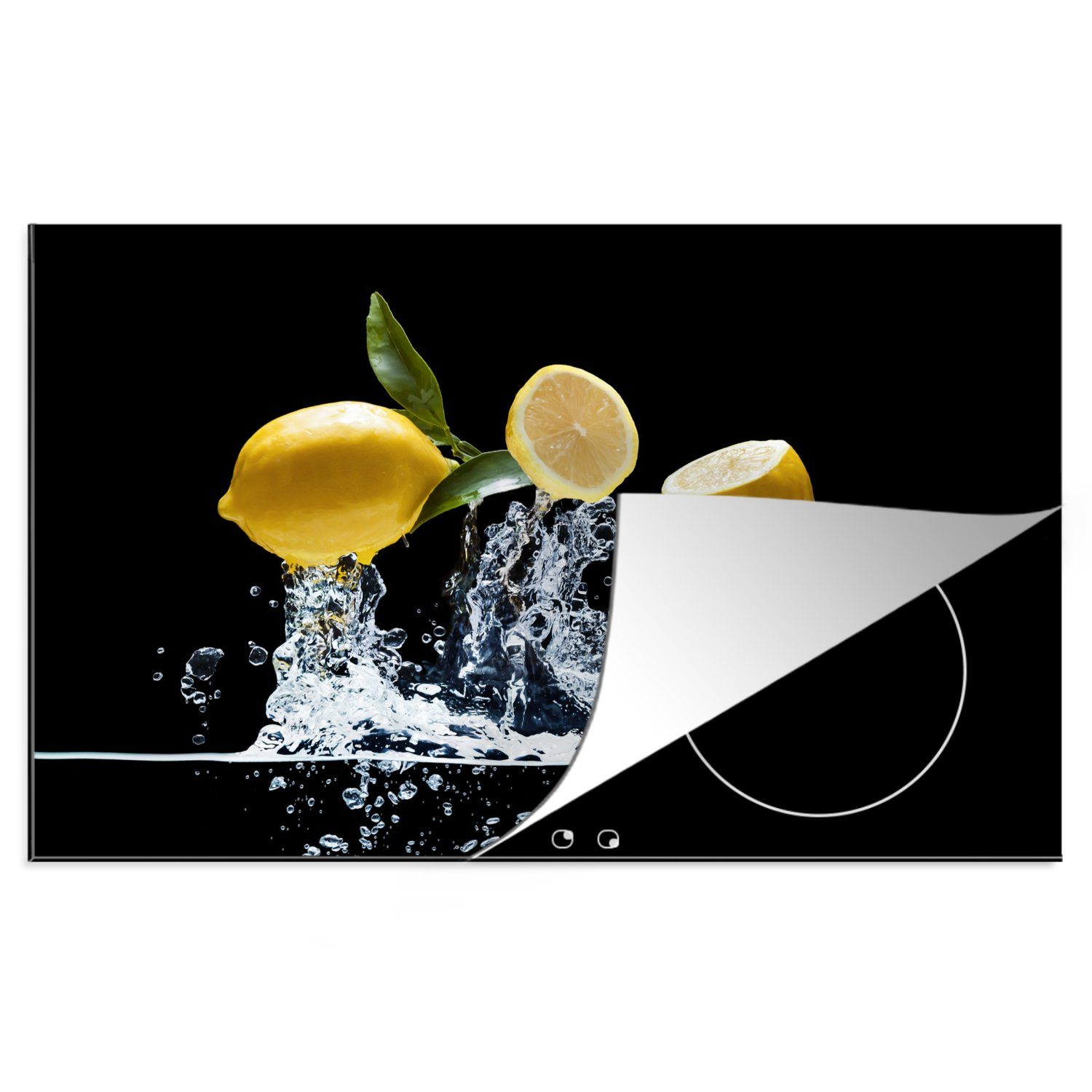 MuchoWow Herdblende-/Abdeckplatte Zitronen platzen durch die Wasseroberfläche, Vinyl, (1 tlg), 81x52 cm, Induktionskochfeld Schutz für die küche, Ceranfeldabdeckung