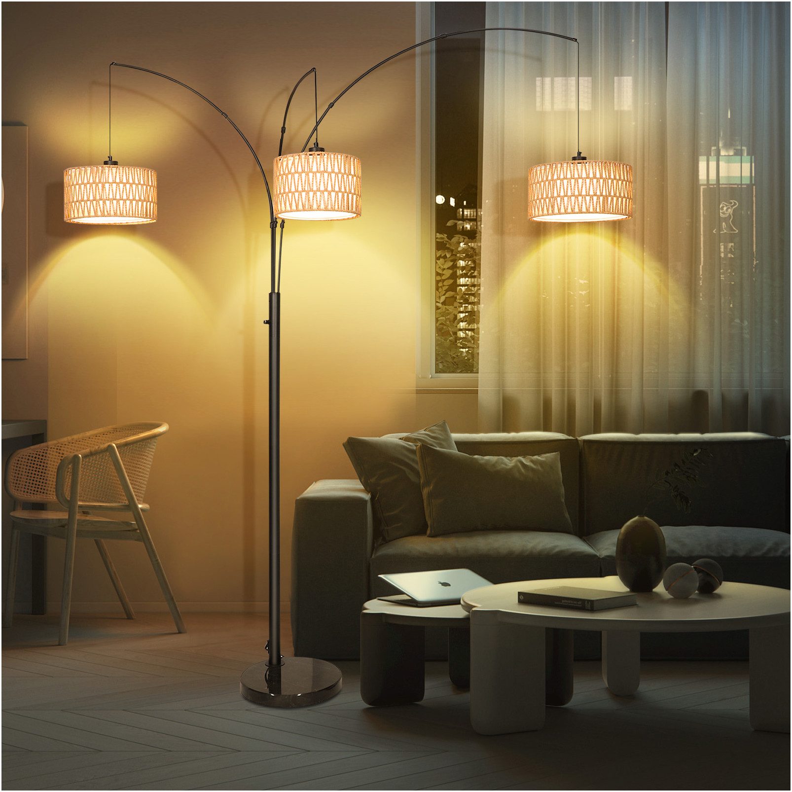 Jibenhome LED Stehlampe Vintage Rattan Bogenlampe Wohnzimmer mit Doppelter günstig online kaufen