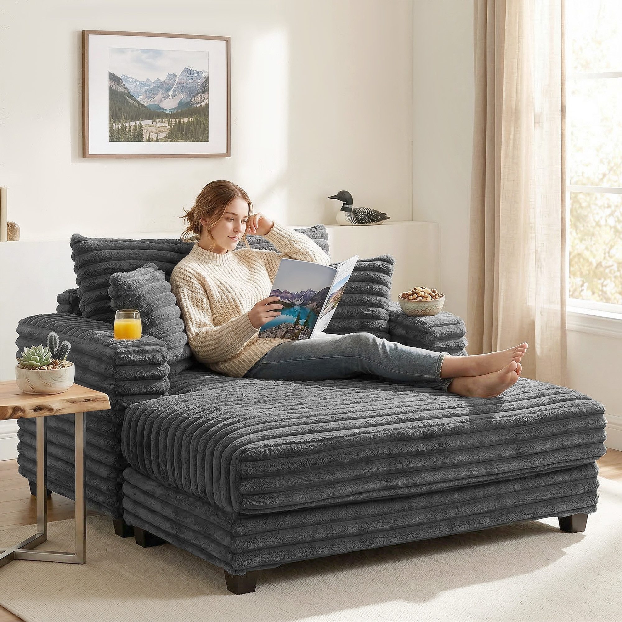HOMCOM Schlafsofa 2 Sitzer Chaiselongue Groß Sofa, Cord-Optik, Wurfkissen, Armlehne, Sofabett 1 Teile, Mit Becherhalter und Bettfunktion
