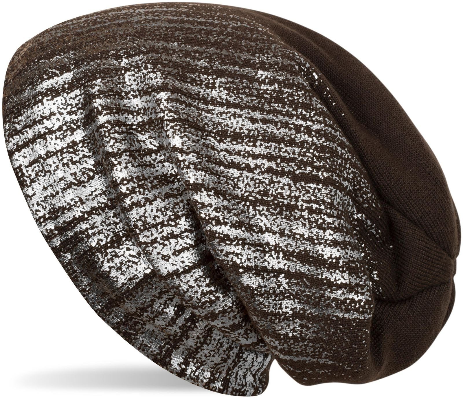 styleBREAKER Strickmütze (1-St) Feinstrick Beanie mit Metallic Print Dunkelbraun / Silber