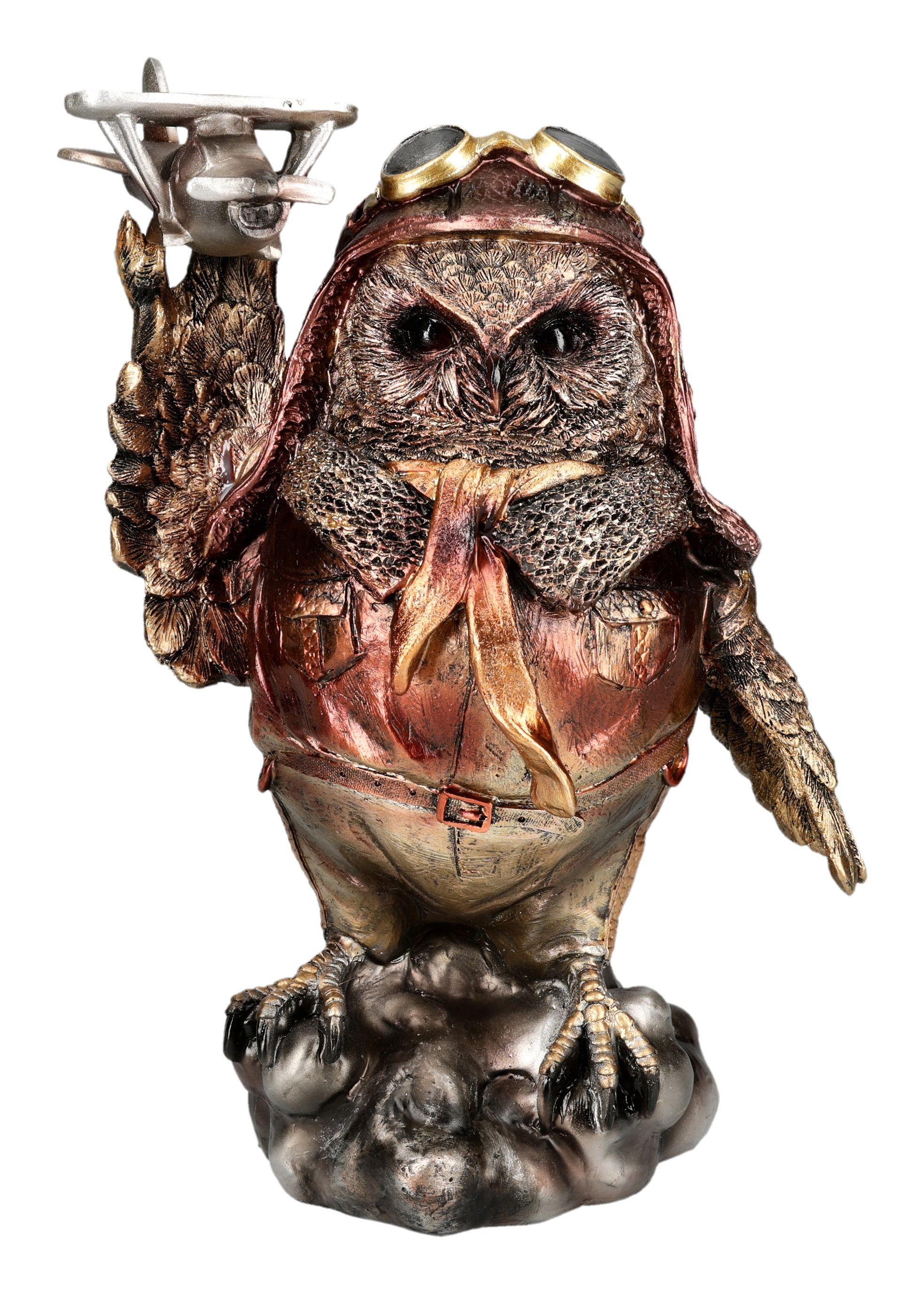Figuren Shop GmbH Tierfigur Eulen Figur – Pilot Eule mit Propellerflugzeug Nostalgie 25 cm Deko