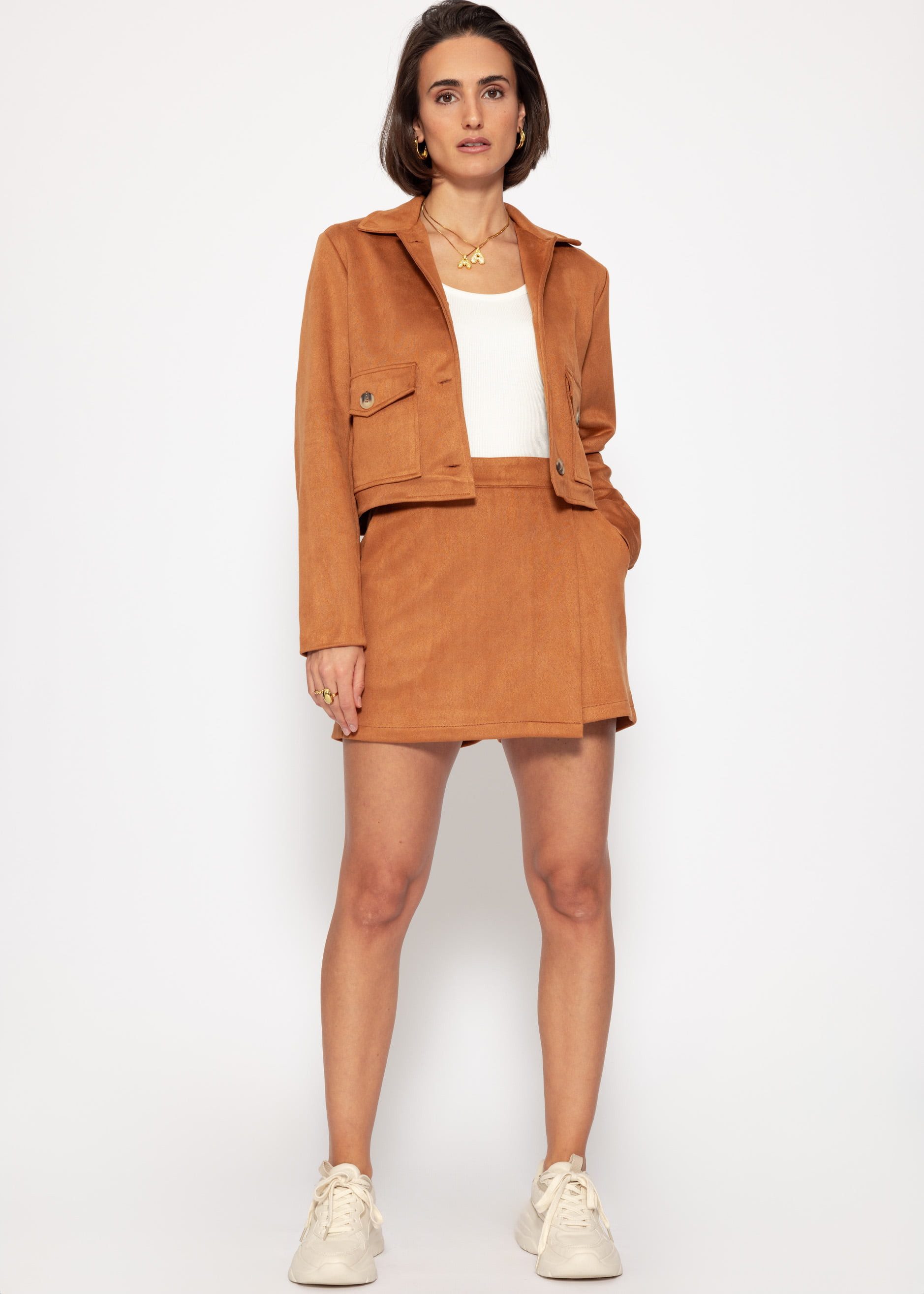 SASSYCLASSY Shorts Hosenrock Damen mit überlappenden Vorderpartie Kurze Shorts Elegant in Wildleder-Optik mit seitlichem Reißverschluss