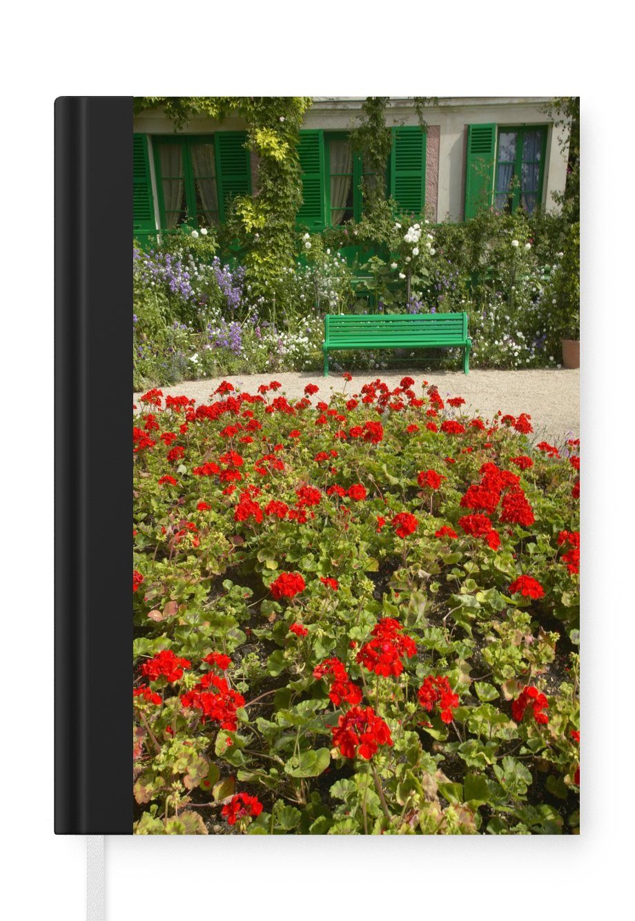 MuchoWow Notizbuch Bank mit Blumen im französischen Garten von Monet in Europa, Journal, Merkzettel, Tagebuch, Notizheft, A5, 98 Seiten, Haushaltsbuch