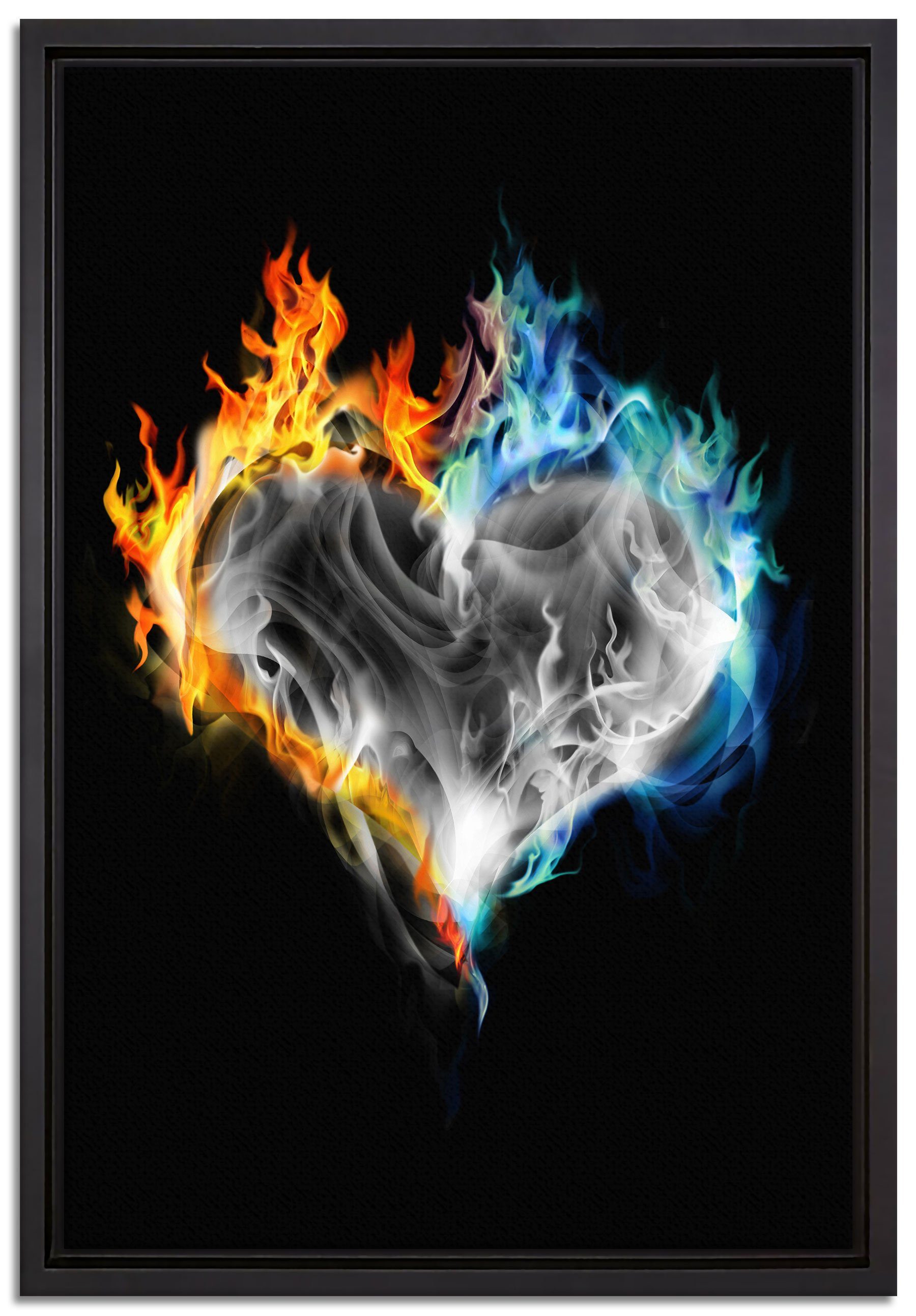 Pixxprint Leinwandbild Herz aus Feuer und Wasser, Wanddekoration (1 St), Leinwandbild fertig bespannt, in einem Schattenfugen-Bilderrahmen gefasst, inkl. Zackenaufhänger