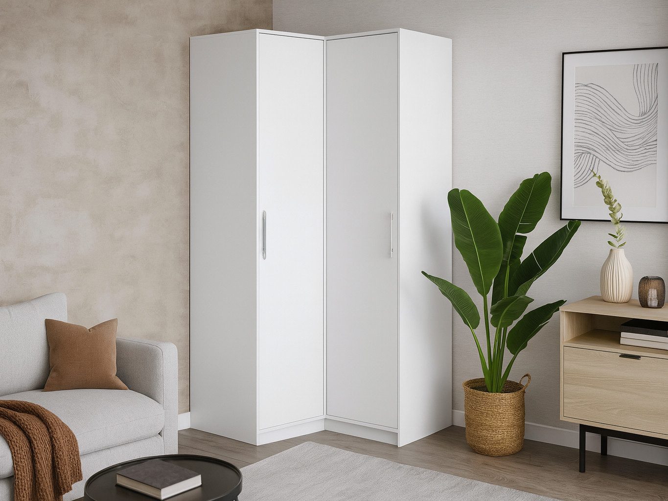 Beautysofa Eckschrank mit 2 Drehtüren, 2 Kleiderstangen und Regale BORA (Weiß) Breite: 108 cm