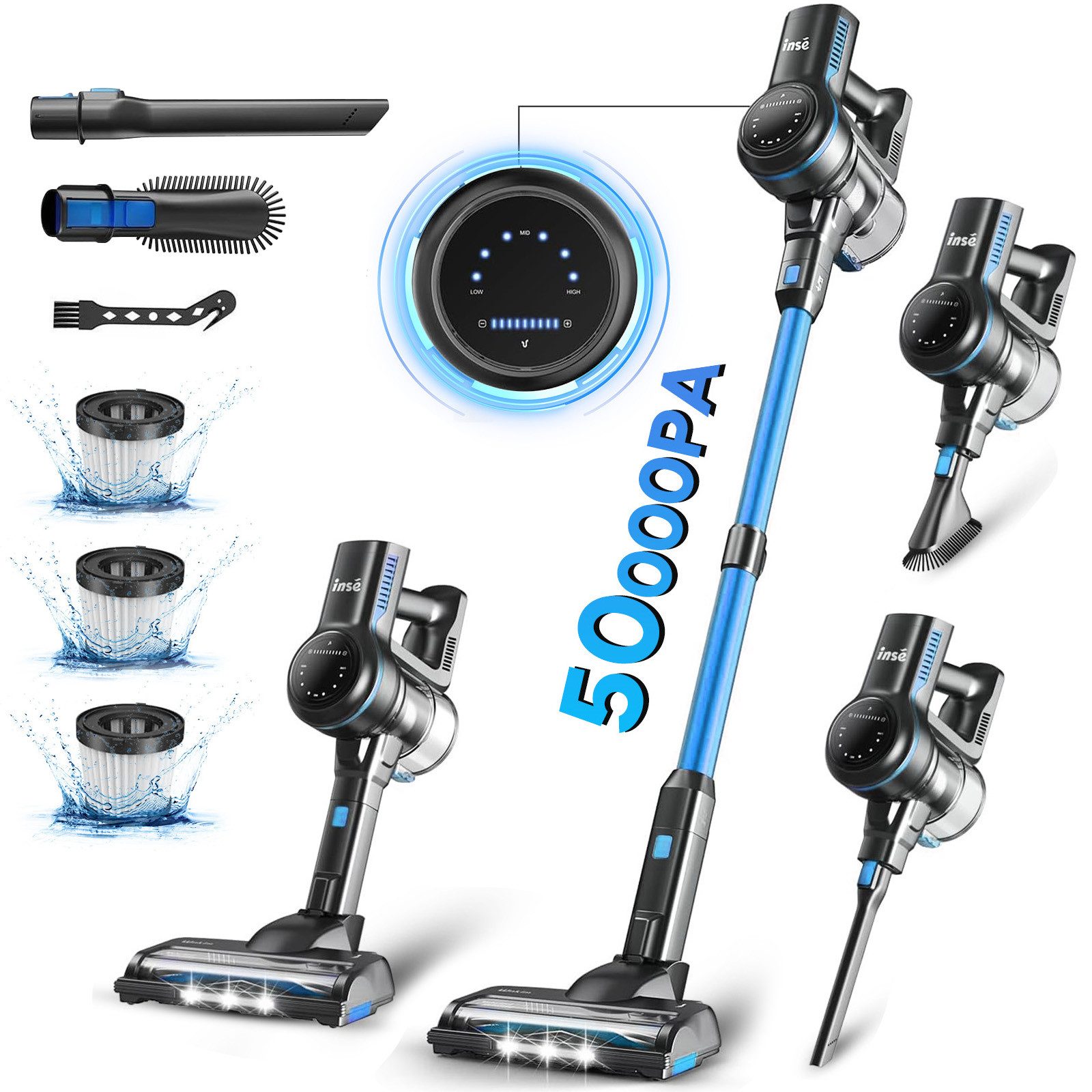INSE Akku-Hand-und Stielstaubsauger 50000Pa,AkkuStaubsauger 60 Minuten, 1.2L,3 HEPA Filter Akkusauger, Akku Staubsauger, LED-Anzeige,3 Saugstufen,Handstaubsauger Kabelloser