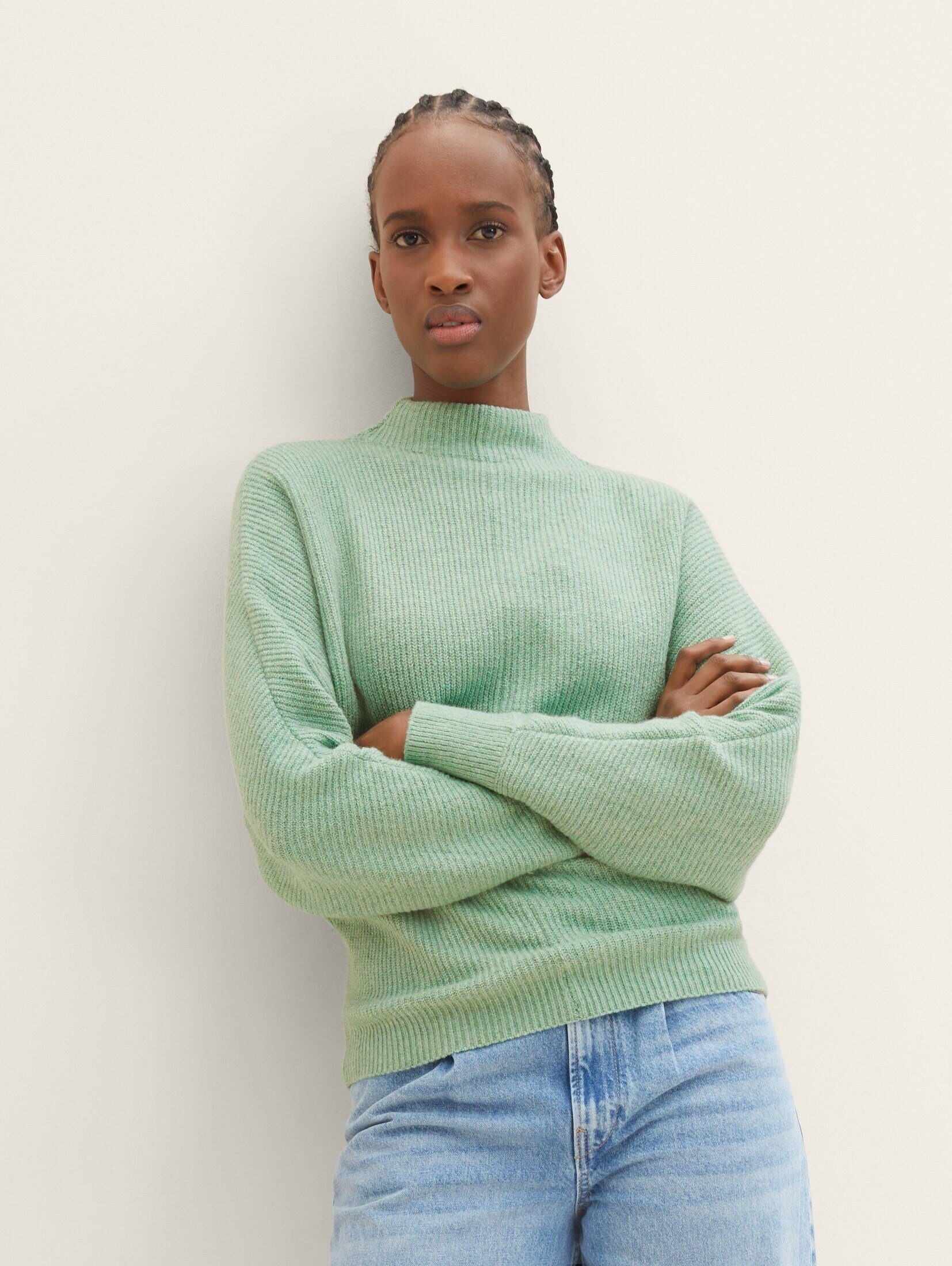 TOM melange dust TAILOR green mit Strickpullover Polyester Denim recyceltem Strickpullover