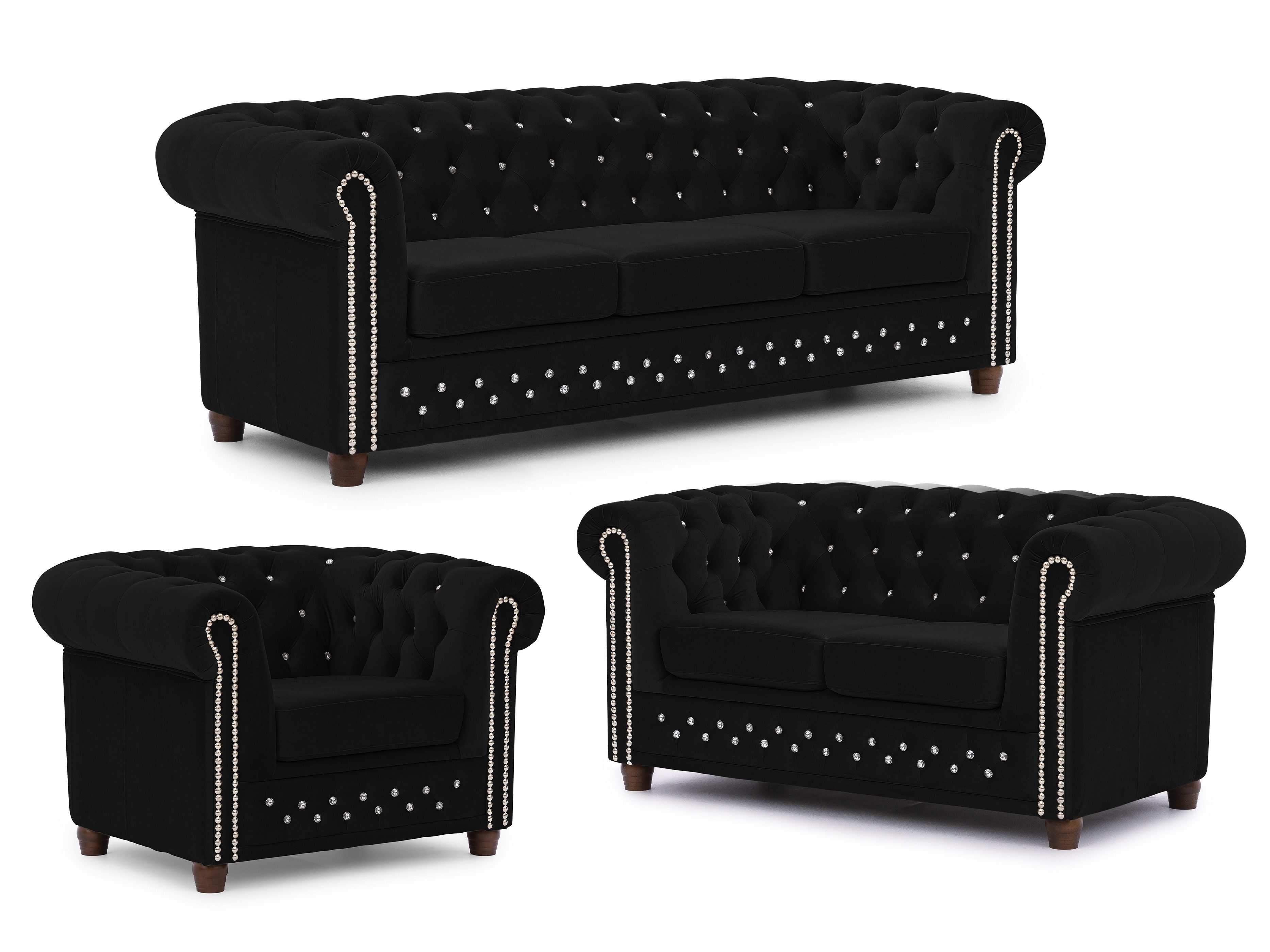 S-Style Möbel Polstergarnitur Chesterfield 3+2+1 Cleo Blink aus Samt mit Kristallsteppung, (1x 3-Sitzer-Sofa, 1x 2-Sitzer-Sofa, 1x Sessel), mit Wellenfederung