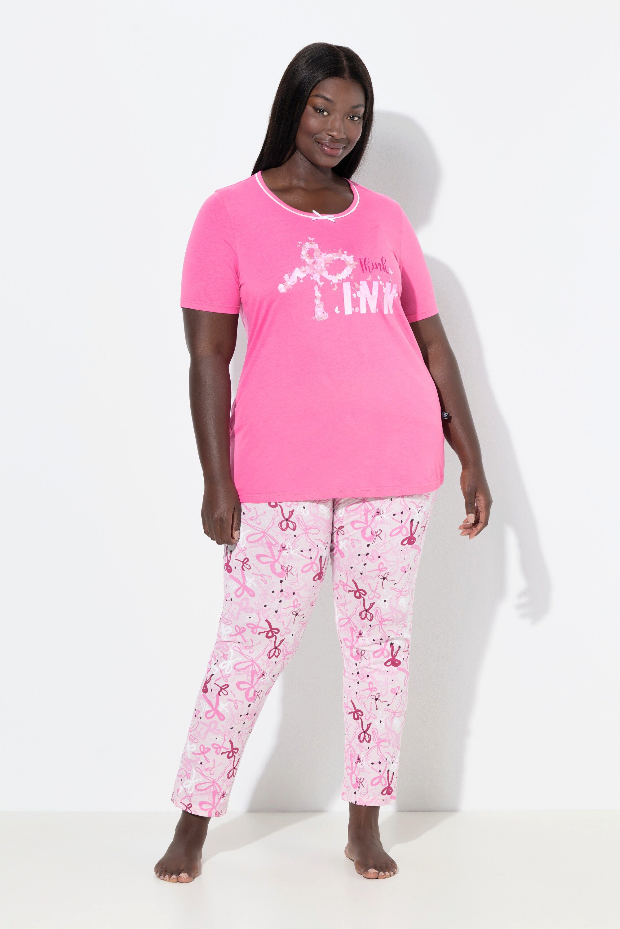 Damen-Pyjama Von Ulla Popken – Zweiteiler Mit Scribble-Herzen, Aus Baumwolle, Halbarm & Lange Hose
