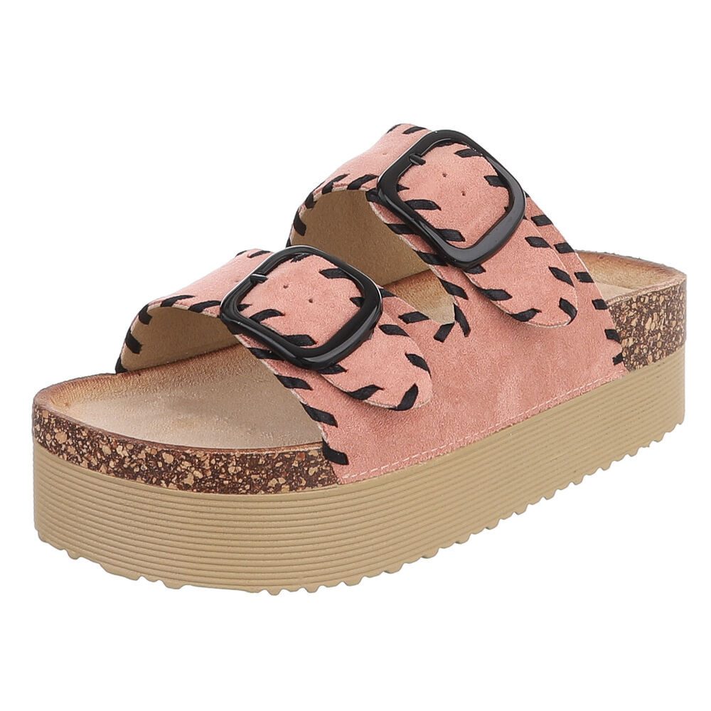 Ital-Design Damen Plateau-Pantolette mit Schnallen und Zierprägung Plateausandaletten (91895595) Flach Pantoletten in Altrosa