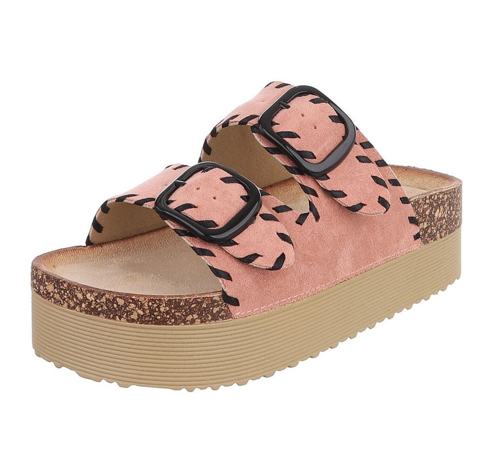 Ital-Design Damen Plateau-Pantolette mit Schnallen und Zierprägung Plateausandaletten (91895595) Flach Pantoletten in Altrosa