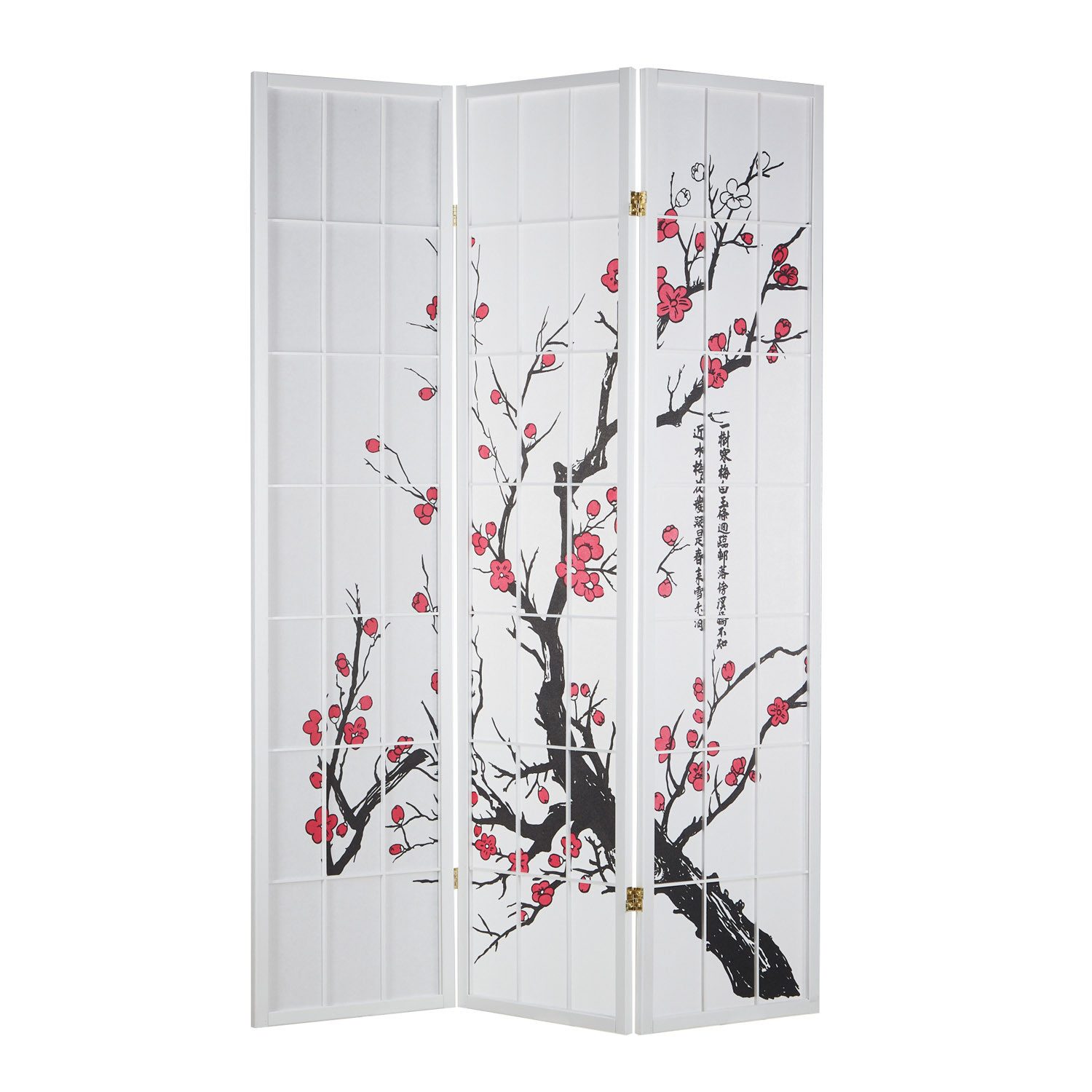 Homestyle4u Paravent Raumteiler Kirschmuster Kirschblüten Weiß Sichtschutz Indoor Holz, 3-teilig