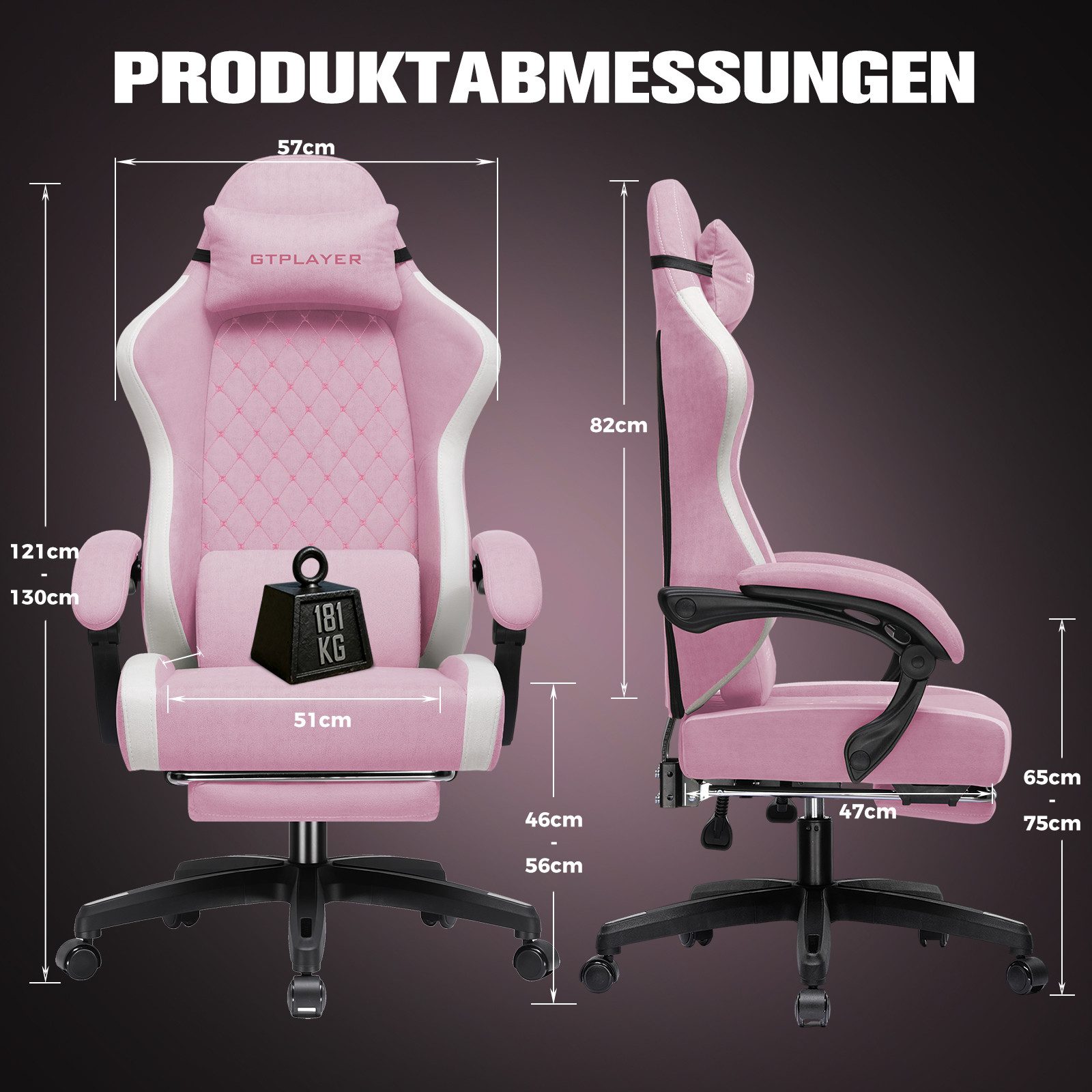 GTPLAYER Gaming-Stuhl Ergonomischer Gaming Sessel Schreibtischstuhl aus Stoff/Kunstleder (Packung), Federsitzkissen mit Fußstütze – Bild 4 von 5