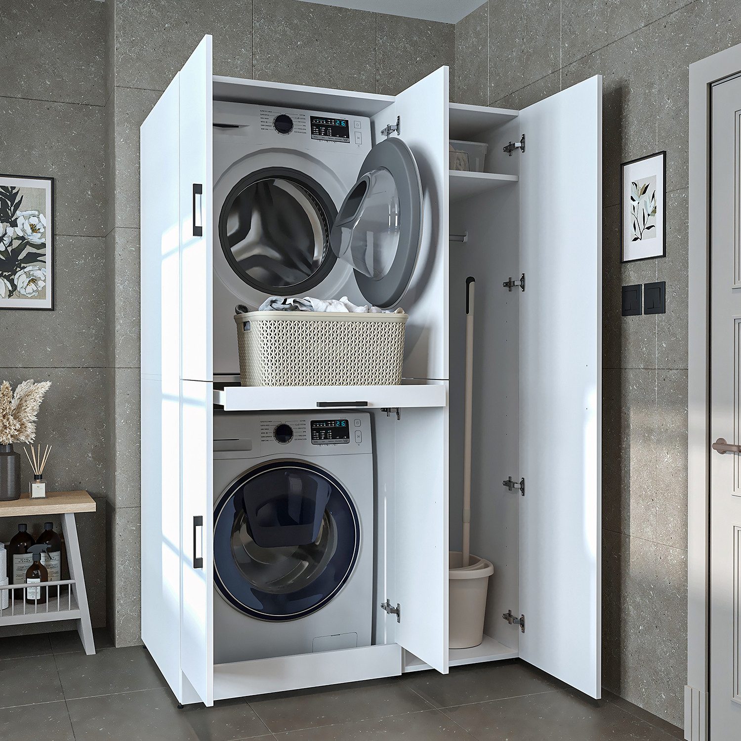 Roomart Waschmaschinenumbauschrank DORA Waschküche 115 cm mit Hochschrank, Soft-Close, 4 Farben (Waschmaschinenschrank DORA für Trockner & Waschmaschine in 4 Farben) Soft-Close-Türen, Vollauszug, 130kg Belastbarkeit, 4 Farben