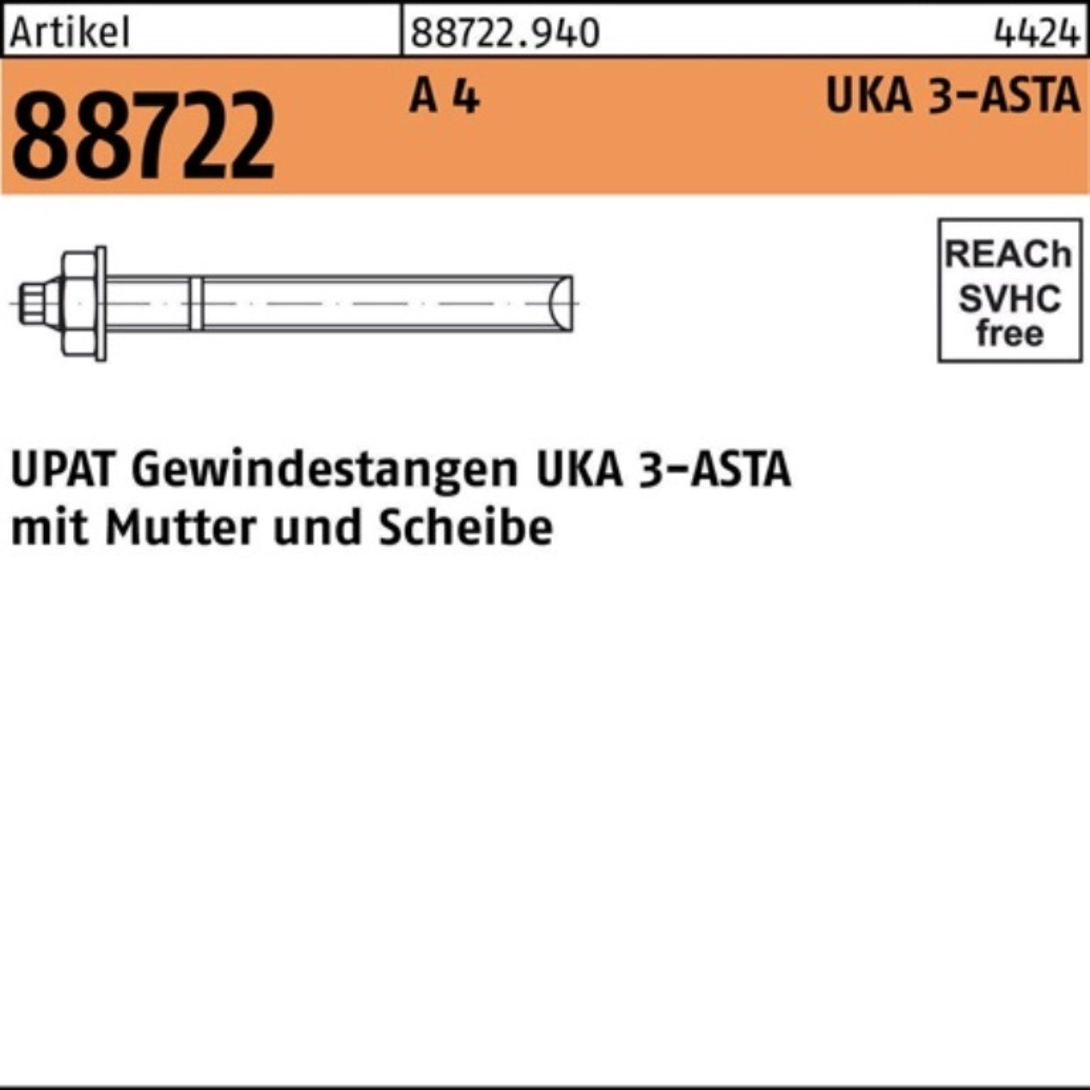 Upat Gewindestange 100er Pack UPAT A 88722 Artikel R Stück Ankerstange M10x190 4 10 ASTA