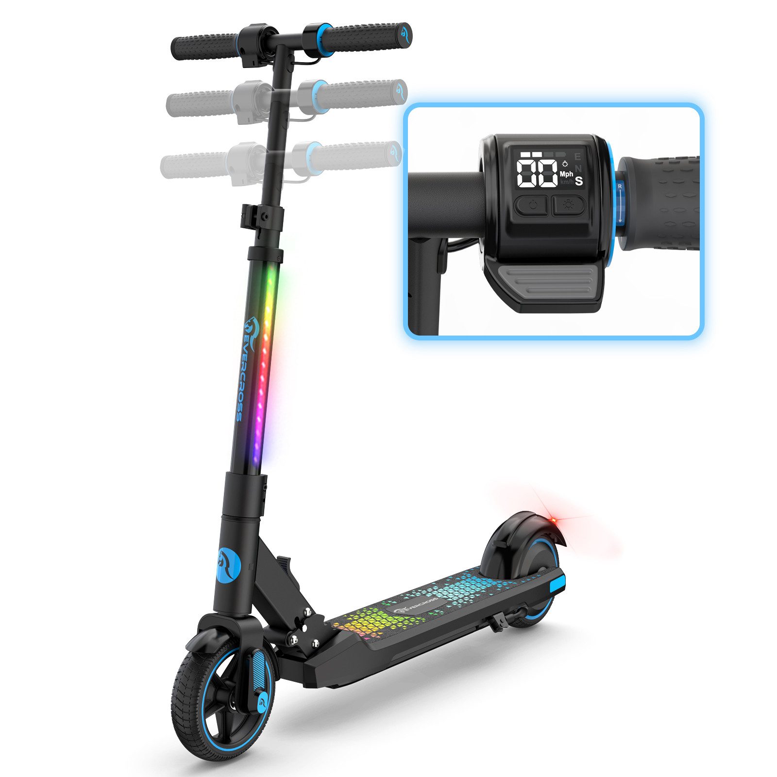 EVERCROSS TECH Elektro-Kinderroller EV06C 6.5'' Faltbarer E Scooter für Kinder 6-12 Jahren, bis zu 8 km, max 15KM/H, LED Display, Bunte Leuchten