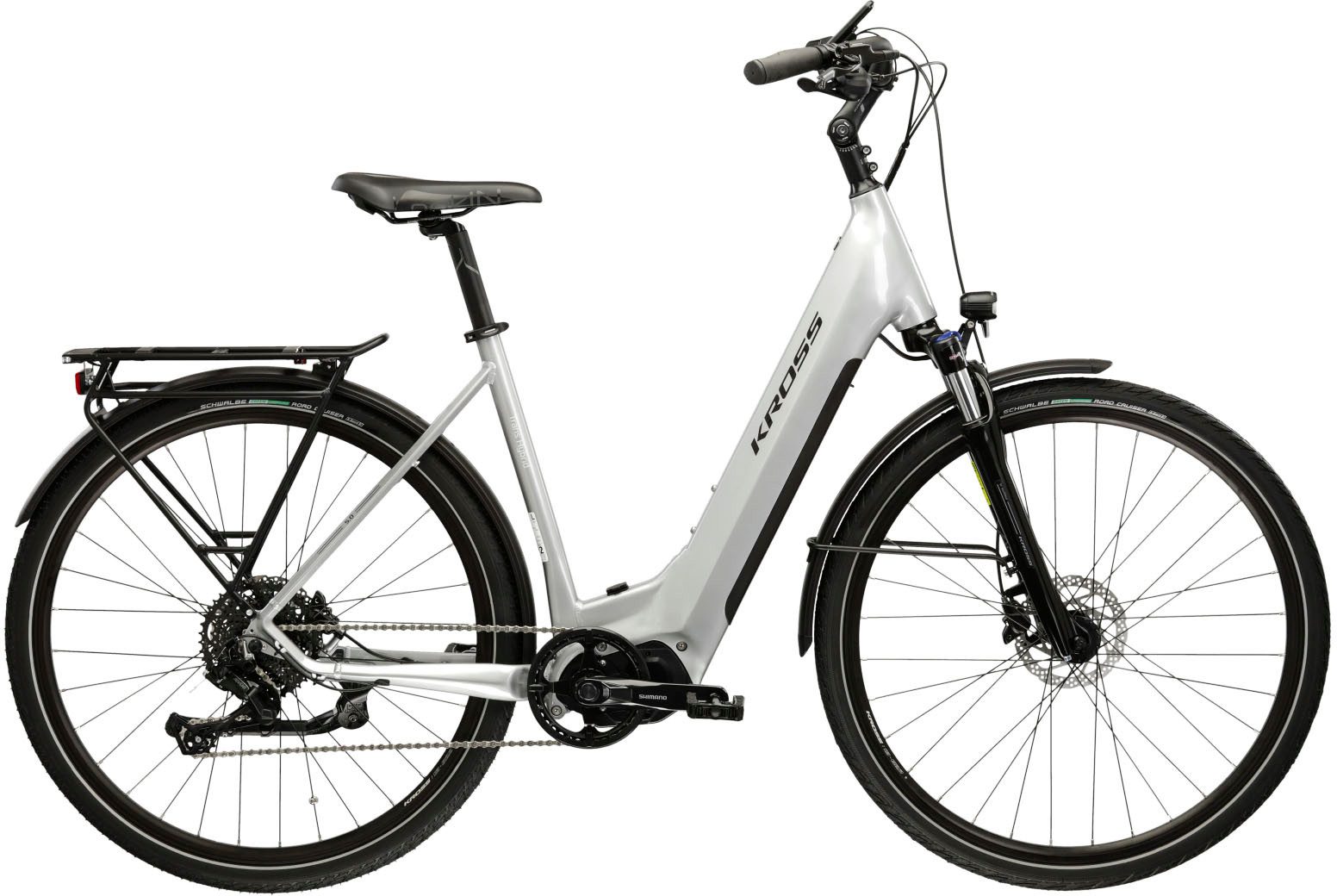 Kross E-Bike Trekkingrad KROSS E-Trekkingrad Trans 5.0 28" silber 9 Gänge, 9 Gang microSHIFT ADVENT M619 Schaltwerk, Kettenschaltung, Mittelmotor, 630 Wh, Pedelec, Elektrofahrrad für Damen und Herren