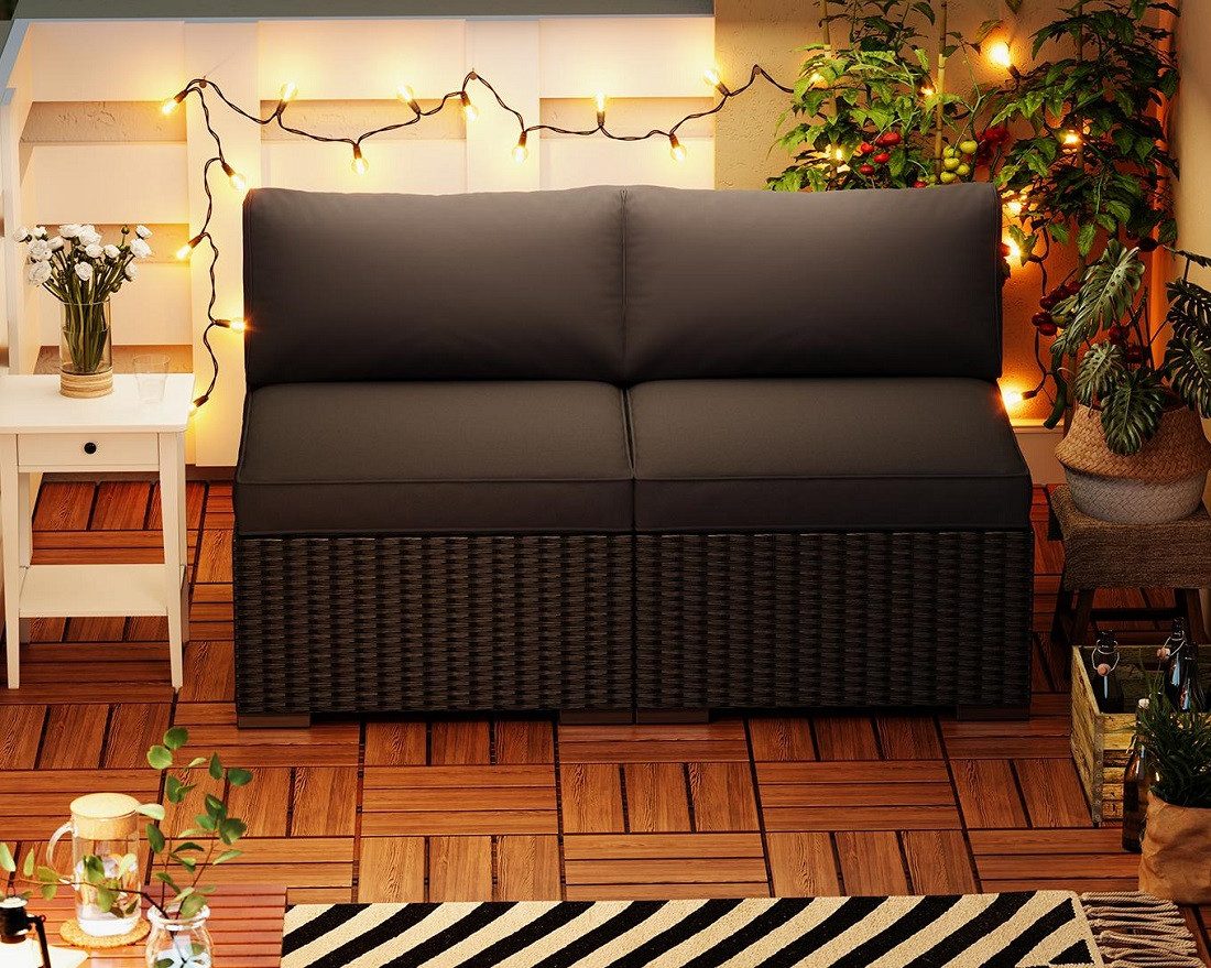 MeXo Gartensofa Rattan Modulsofa mit Liegefunktion Outdoor Wetterfest Balkon Terrasse, 64x64cm xxl Sitzfläche, 10cm breite Komfort-Armlehnen, 10cm Luxus Sitzkissen, 7+ freie Kombinationen zur Auswahl, Polyrattan Lounge anthrazit Loungesessel