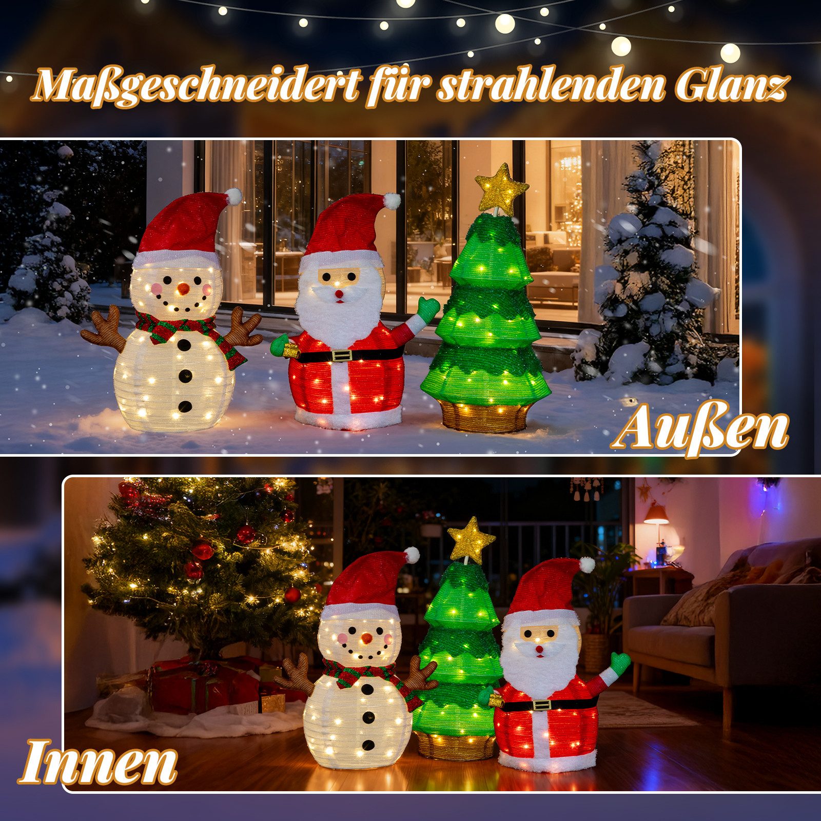 LALAHO Weihnachtsmann Schneemann & Weihnachtsbaum Kombination, mit 150 warmweißes LEDs für Außen und Innen