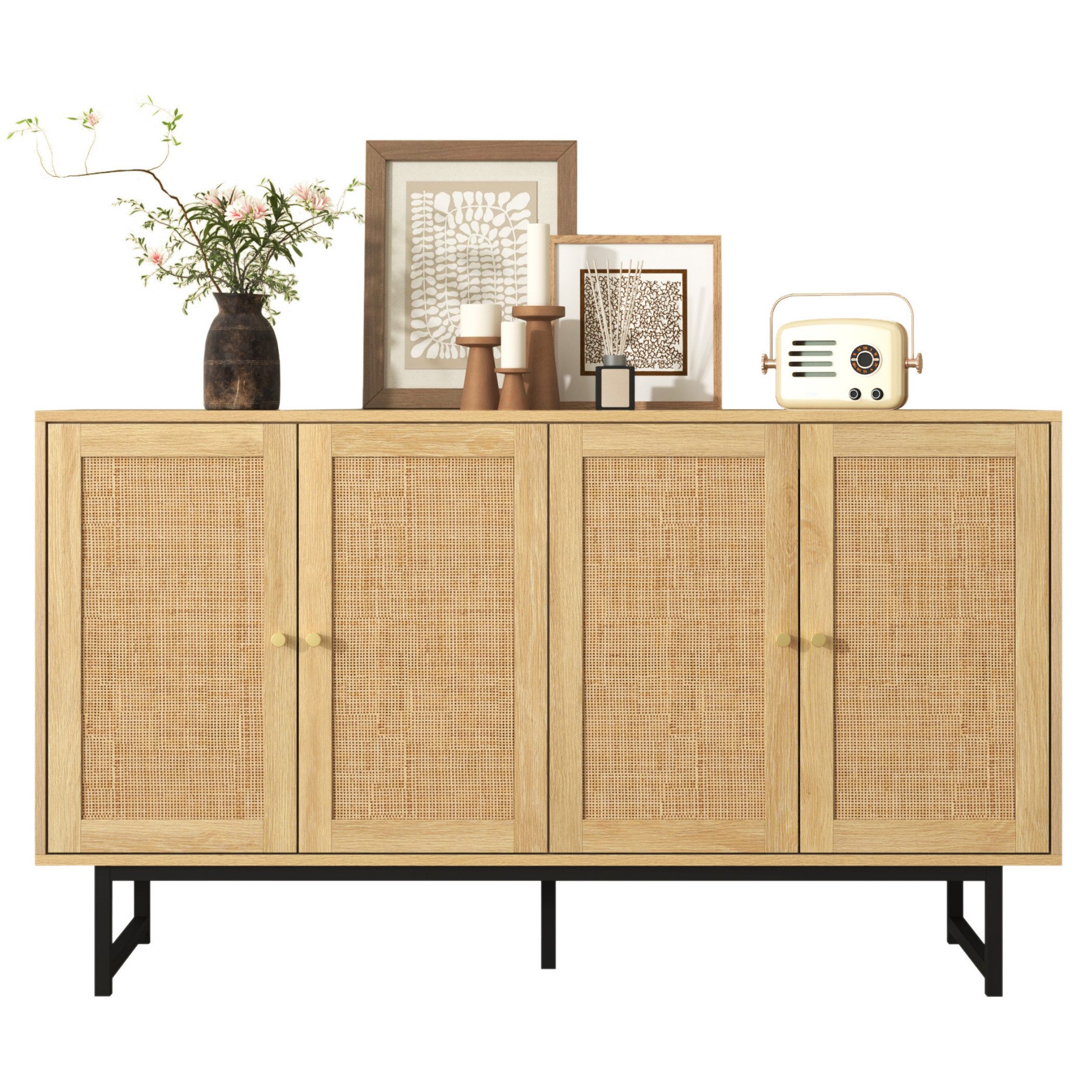 SeedWave Sideboard Vielseitige Kommode, 4 Schiebetüren mit Rattan Draußen G günstig online kaufen