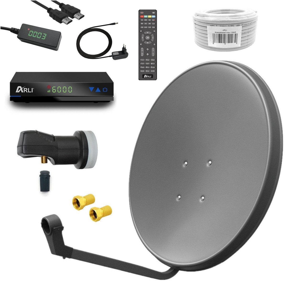 ARLI 60 cm HD Sat Anlage Set inkl. Receiver + Kabel + Stecker SAT-Antenne (60 cm, Stahl)