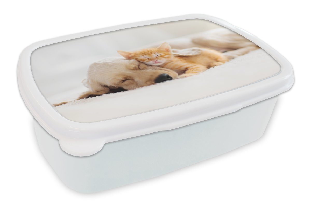 MuchoWow Lunchbox Tiere - Hund - Kätzchen - Rot, Kunststoff, (2-tlg), Brotbox für Kinder und Erwachsene, Brotdose, für Jungs und Mädchen weiß