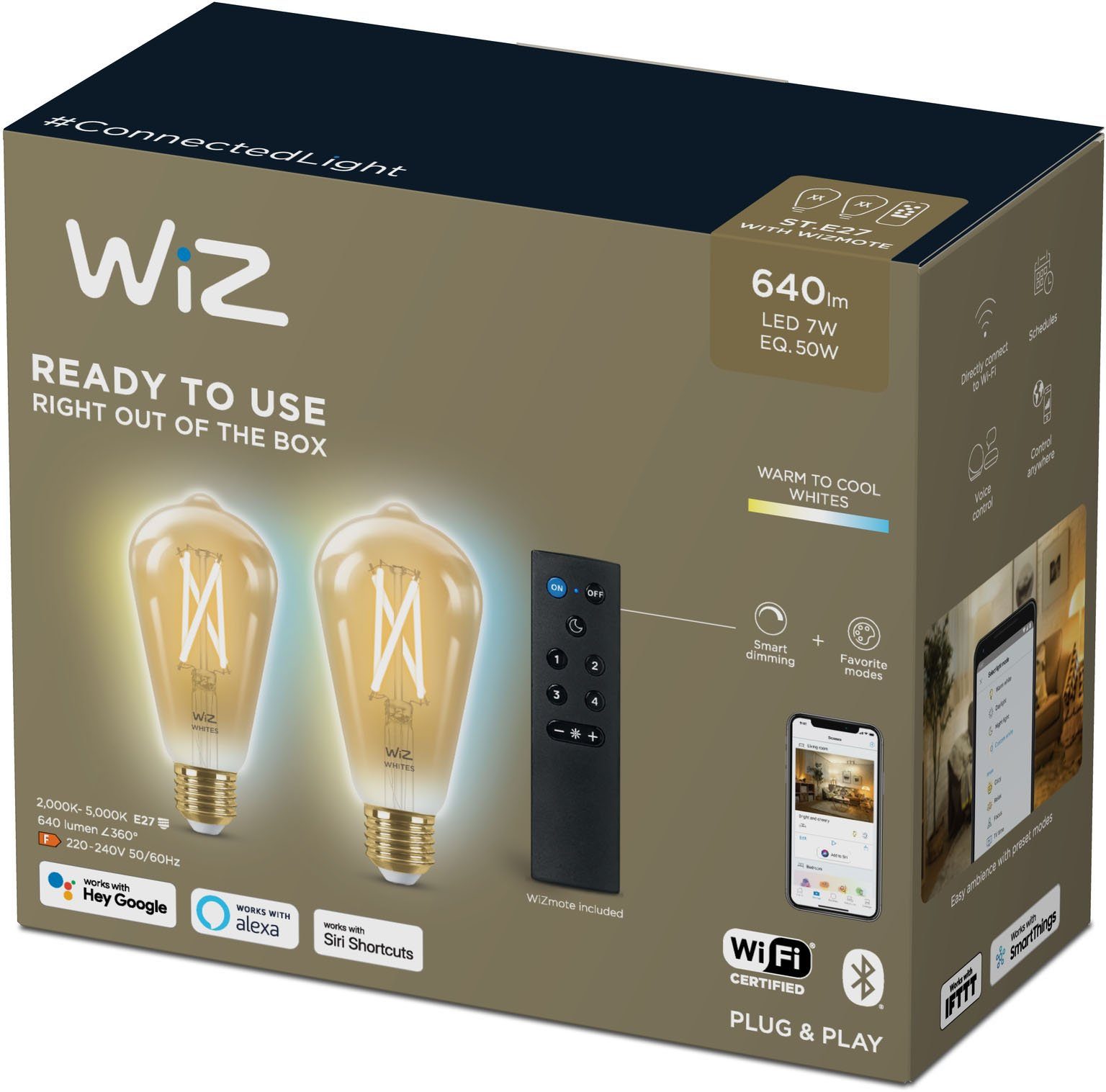 WiZ Doppelpack, Filament Edison E27, LED-Filament 50W E27 Warmweiß Box Amber CT