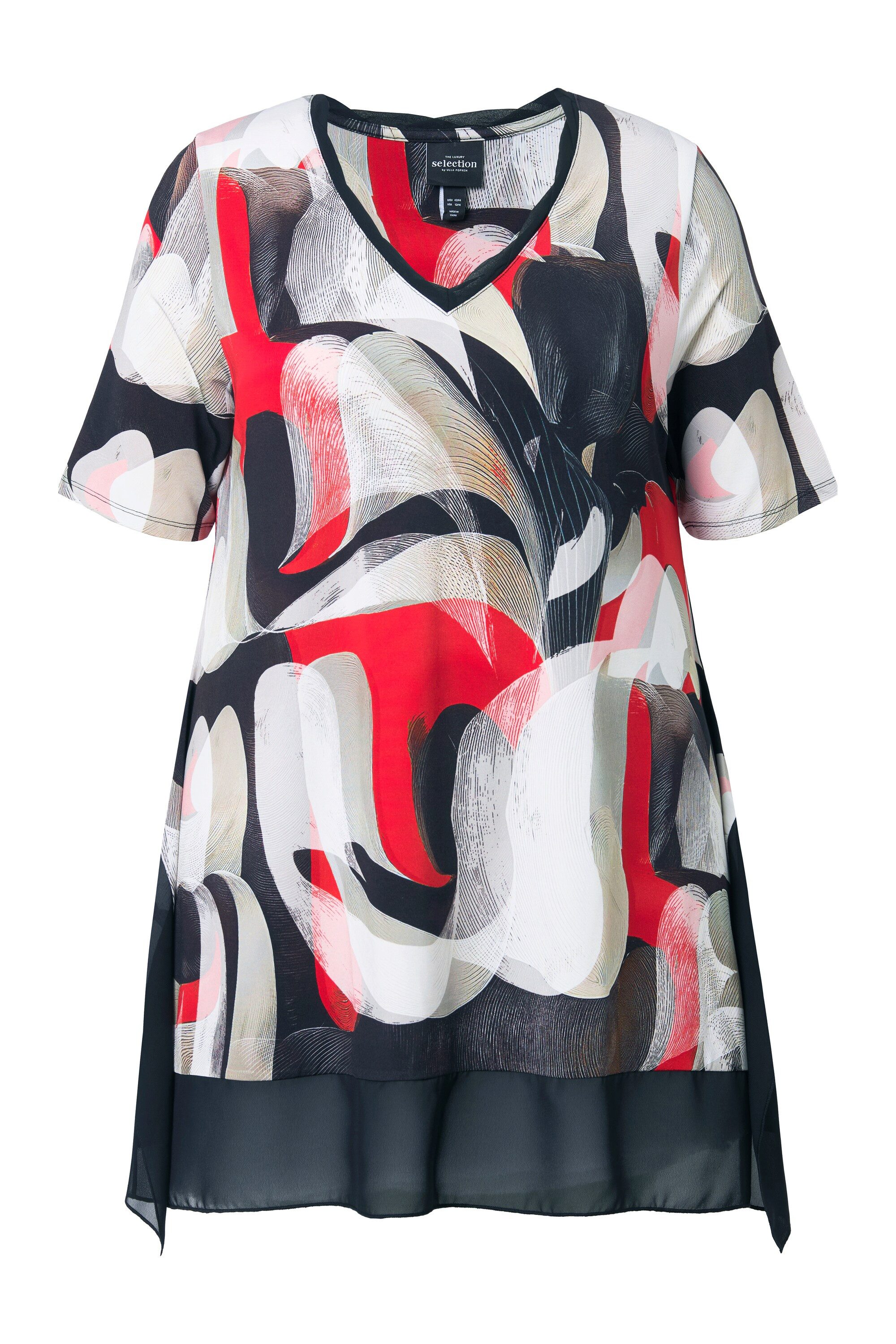 Ulla Popken T-Shirt Slinky-Shirt Chiffonsaum V-Ausschnitt Halbarm