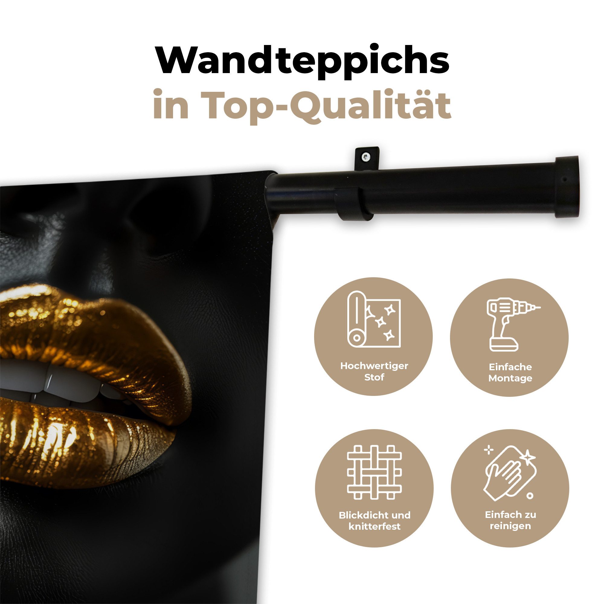 MuchoWow Wandteppich Lippen - Gold - Abstrakt - Schwarz - Frau, Rechteckig, Höhe: 3 mm, Wandteppich für Wohnzimmer, Schlafzimmer, 60x40 cm