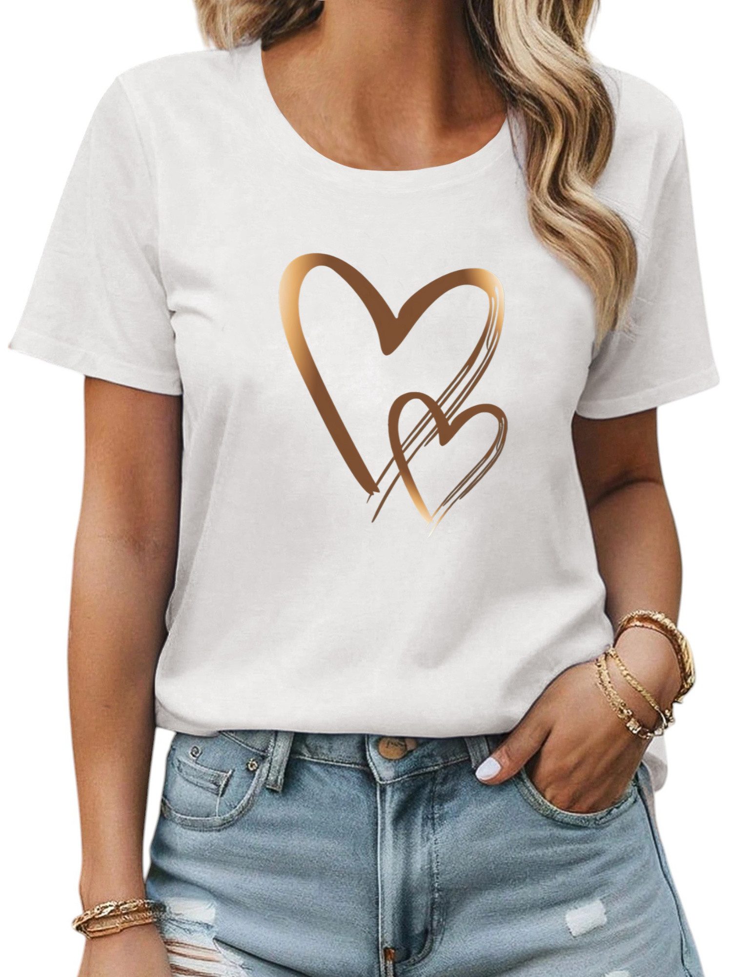 PYLIKE Rundhalsshirt Damen Bequemes Sommer T shirt mit Liebe Ausgefallene D günstig online kaufen