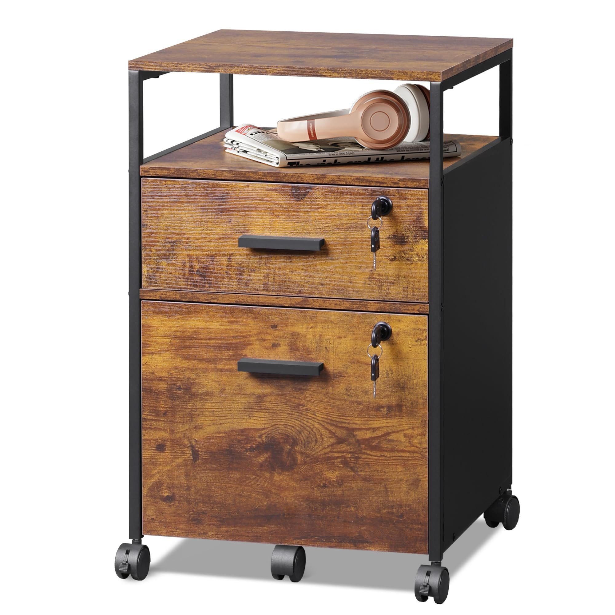 DEVAISE Aktenschrank Rollcontainer mit 2 Schubladen und offenen Ablagen, (Mobiler Aktenschrank mit Rollen, Druckertisch für DIN A4/Legal/Letter) Schubladenschrank für Büro und Home Office, Retro Braun