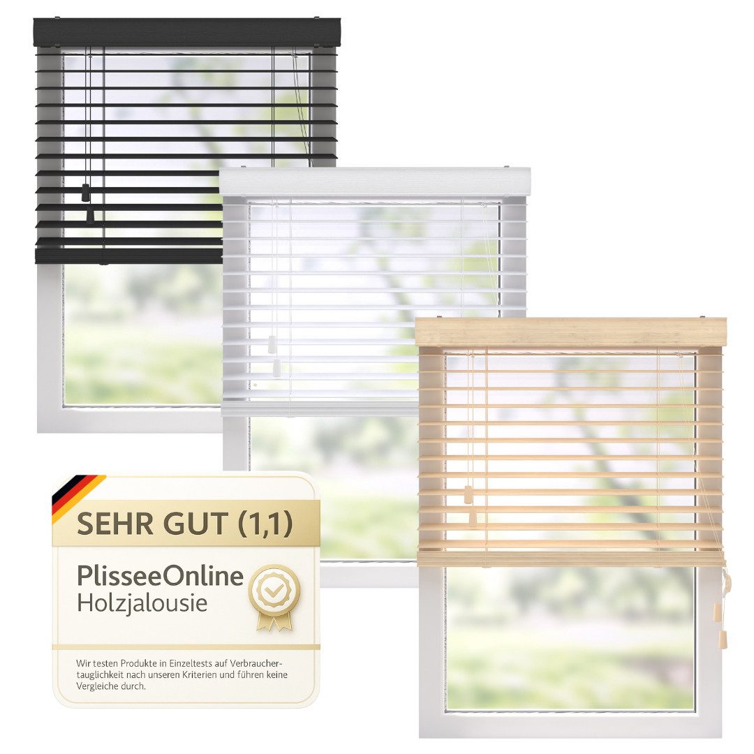 Plisseeonline Jalousie Holzjalousie, Wand/Decke und Fenstermontage, Wand,-Deckenmontage, Bis 150 cm breite und 130 cm höhe Fenstermontage Klemmfix inkl., Mit Holzmaserung