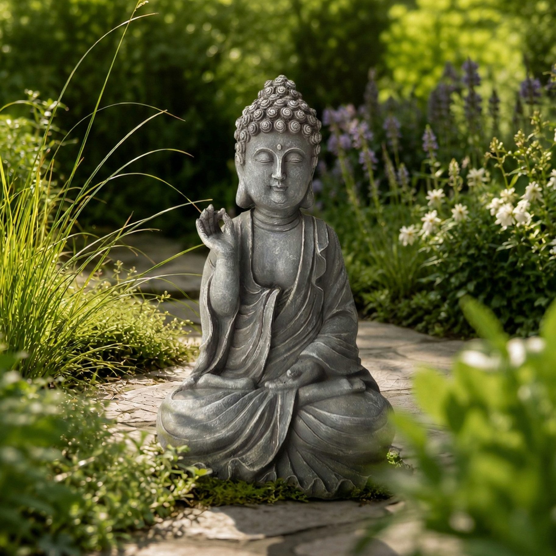 INtrenDU Buddhafigur Gartenfigur 40 cm steingrau – wetterfest, Wetterfeste Gartenfigur in Steinoptik