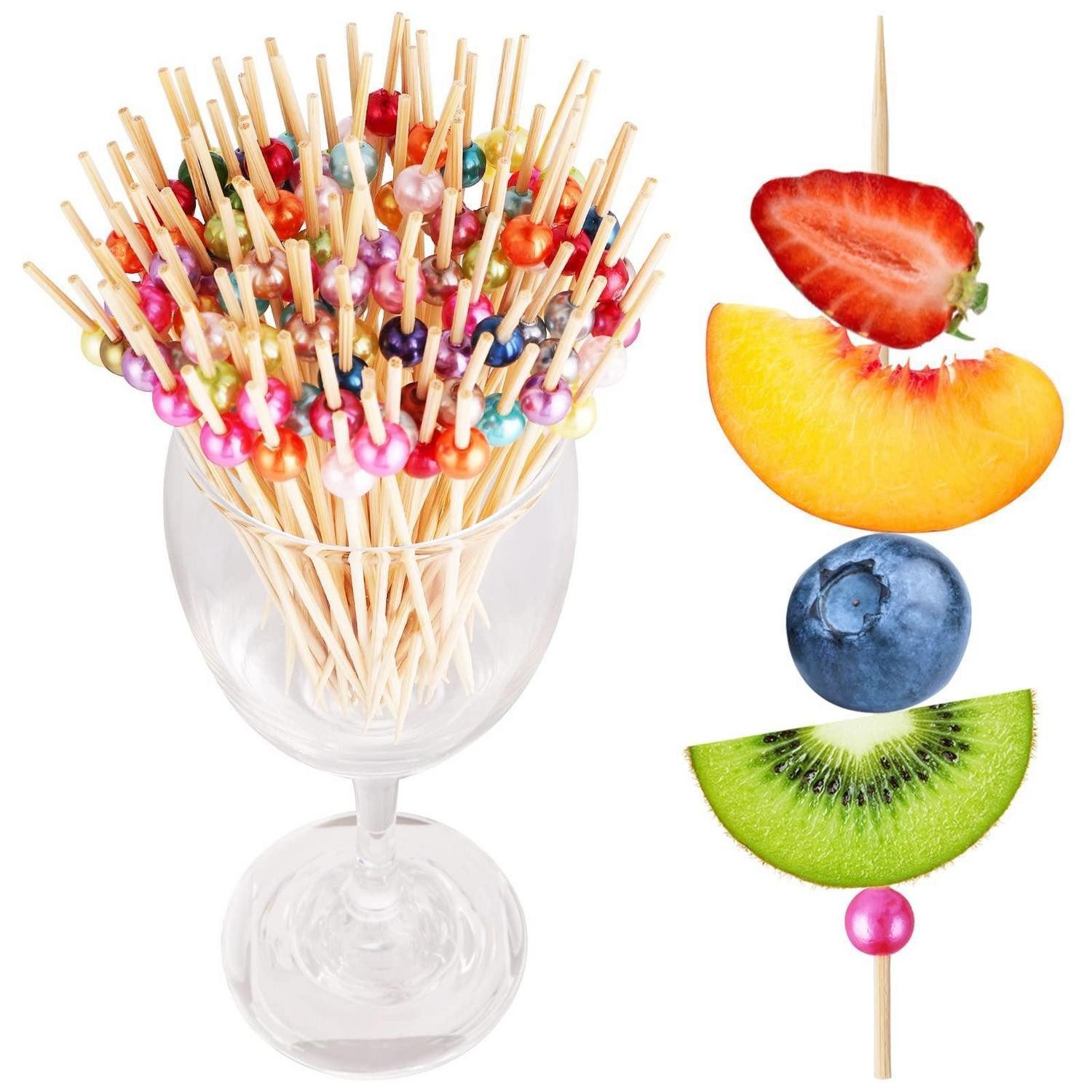 LuxusKollektion Partyspieße Cocktail Picks 100 Stück 11.9 cm Bambus Spieße Farbige Perlen